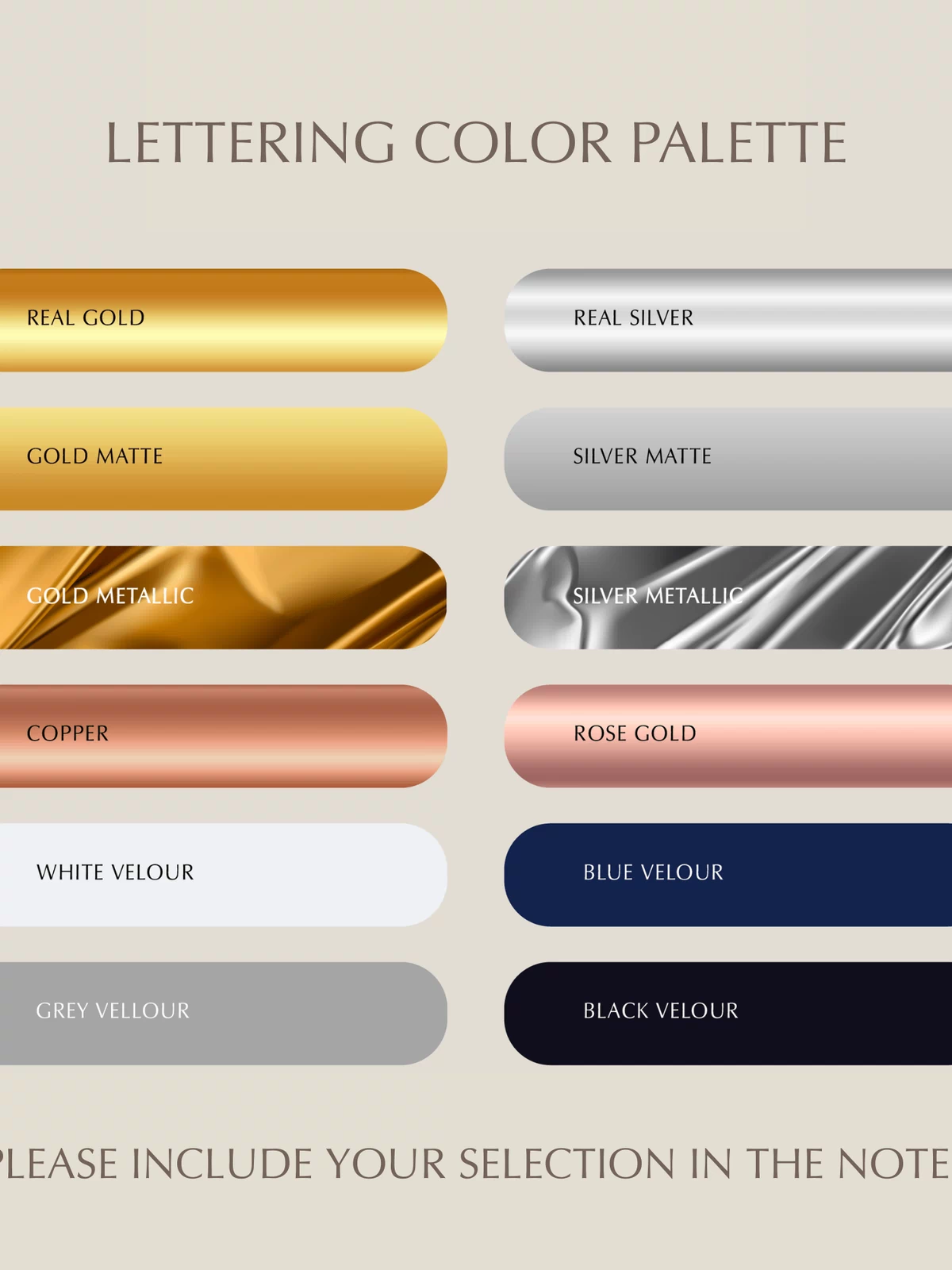 Color swatches for lettering with labels including Real Gold, Real Silver, Gold Matte, Gold Metallic, Copper, Rose Gold, White Velour, Blue Velour, Grey Velour, and Black Velour on a beige background.