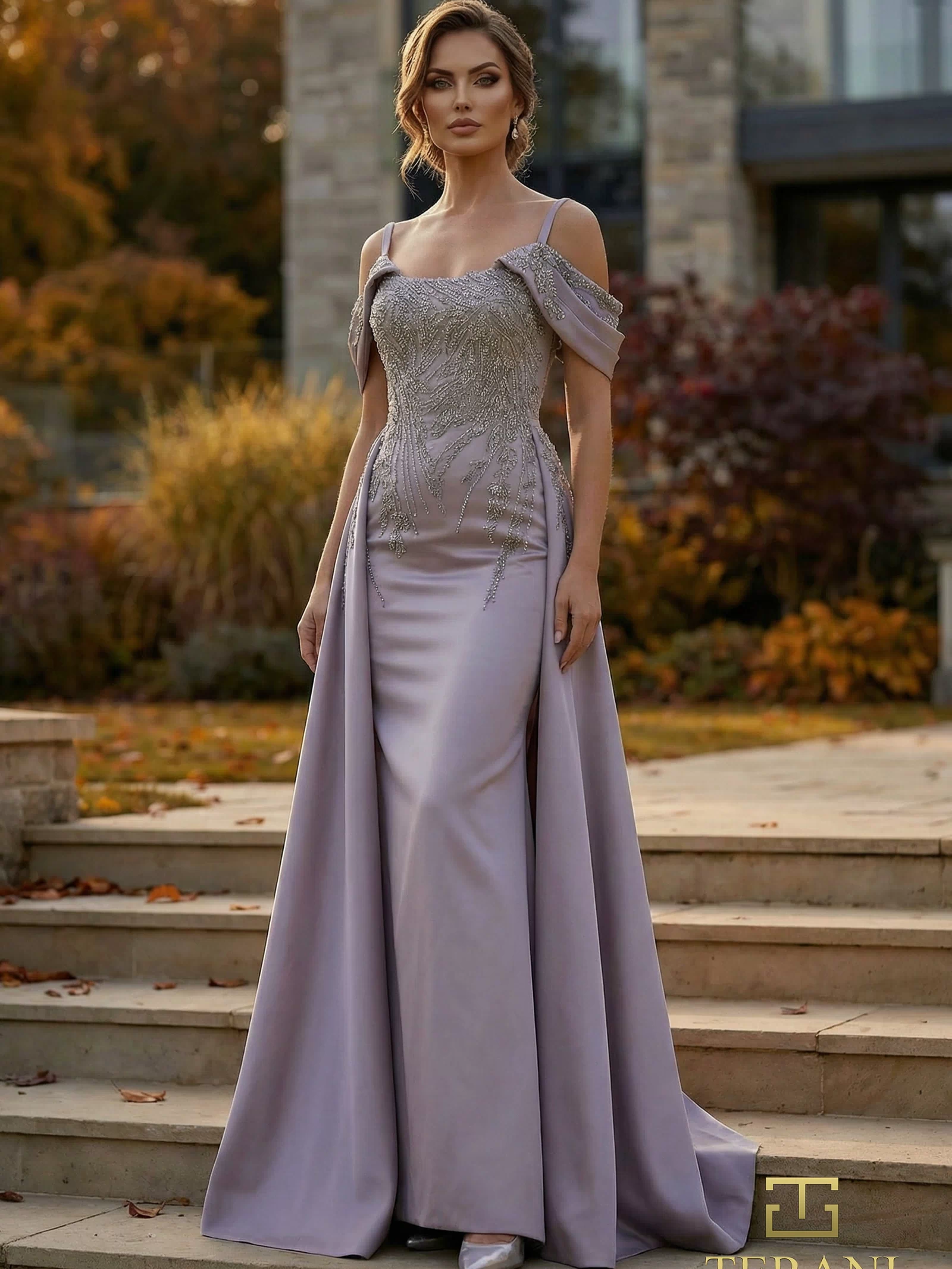 Cold-Shoulder Floor-Length Satin Formal A-Line Terani Couture 262M7286