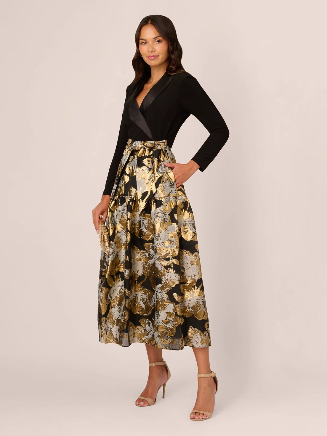Combo Floral Jacquard Dress In Black Gold