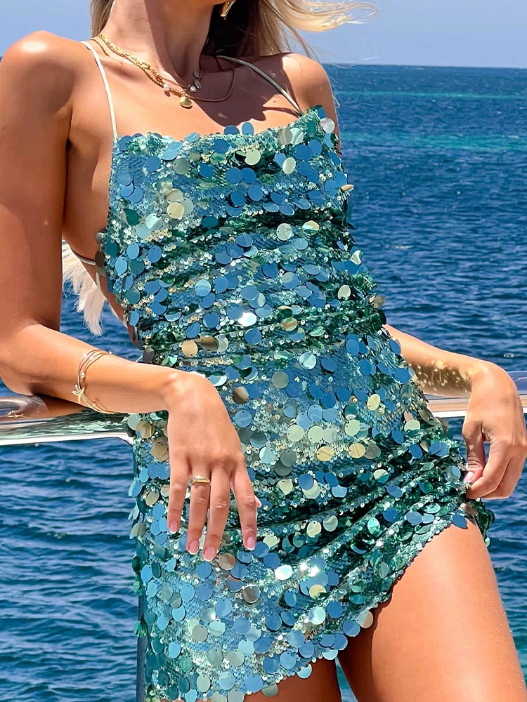 Come And Get It Aqua Sequin Party Mini Dress