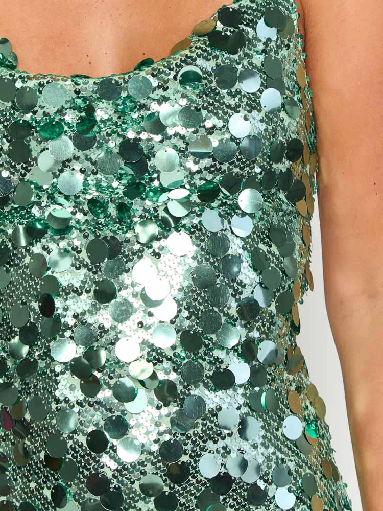 Detail shot of the aqua sequin mini dress fabric, showing a dense pattern of small and large round sequins