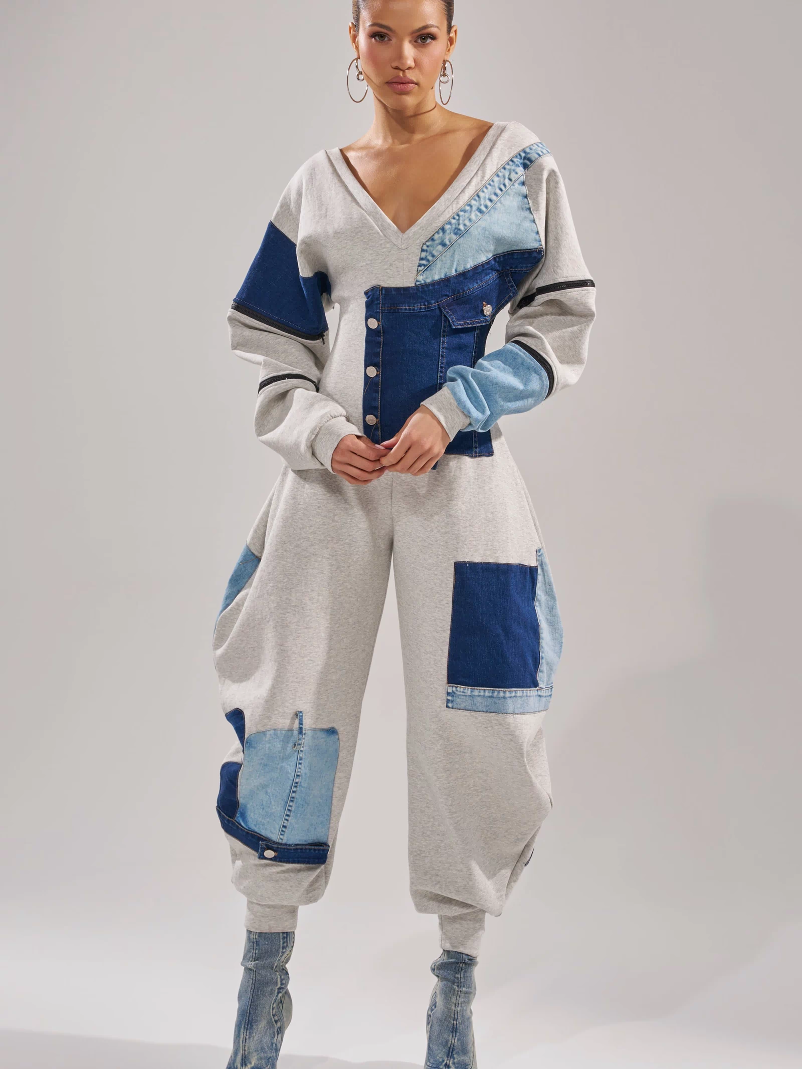 COMFY COZY PATCHWORK JUMPSUIT IN HEATHER GREY
