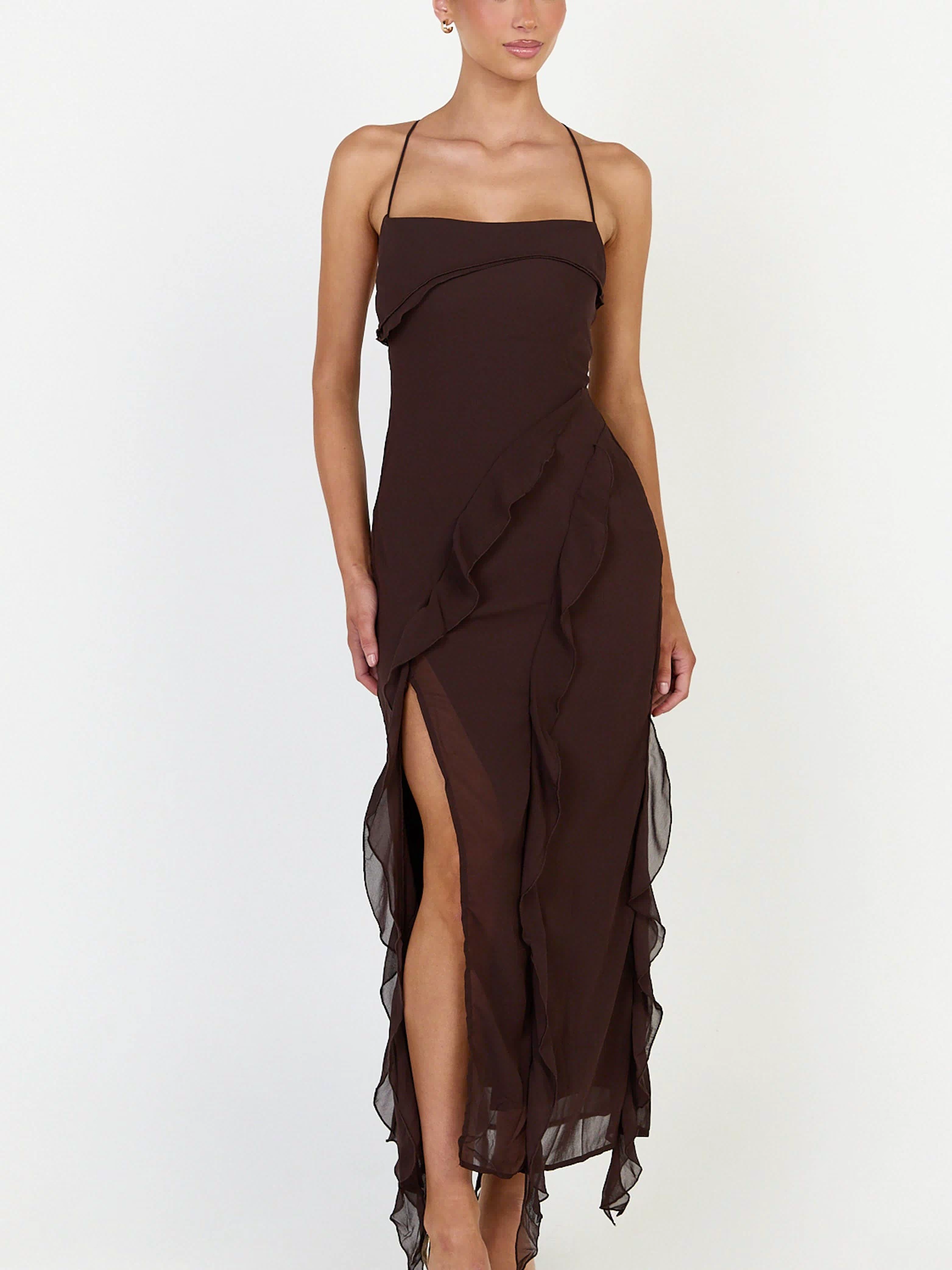 Connie Midi Dress - Ruffle Detail Dress in Chocolate