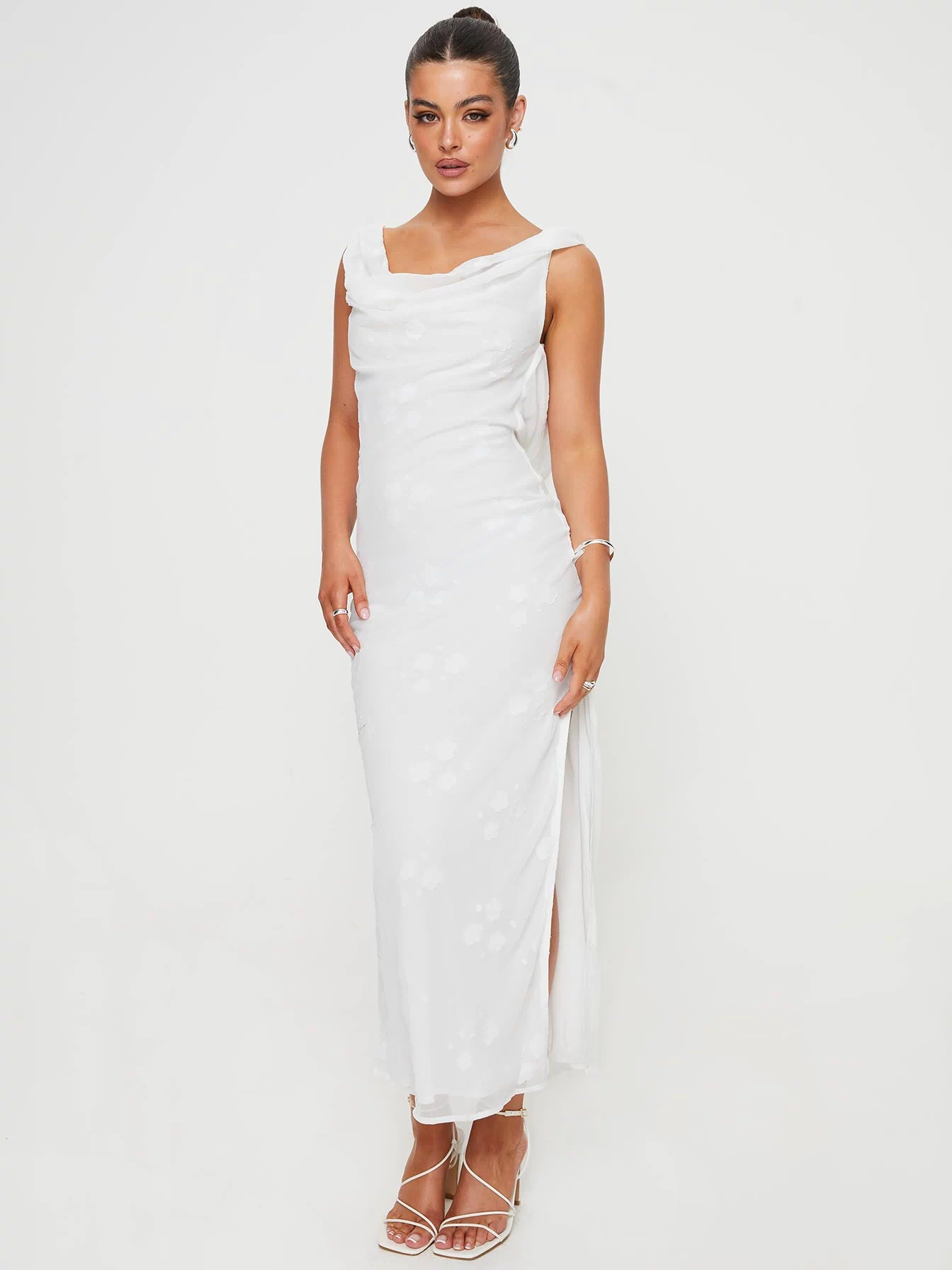 front view of model wearing Princess Polly Contessa Maxi Dress White Cowl Neck 