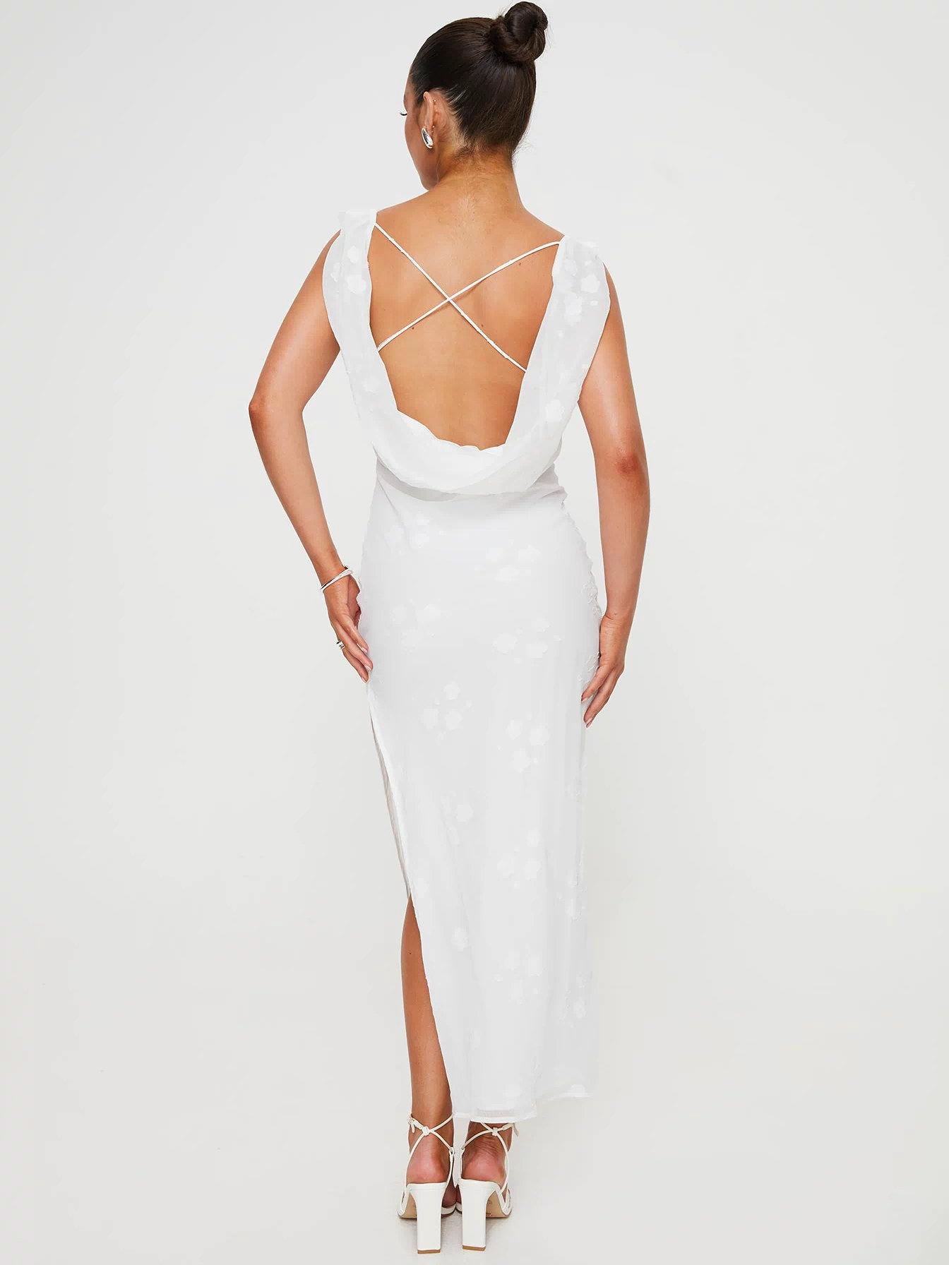 back view of model wearing Princess Polly Contessa Maxi Dress White Cowl Neck 