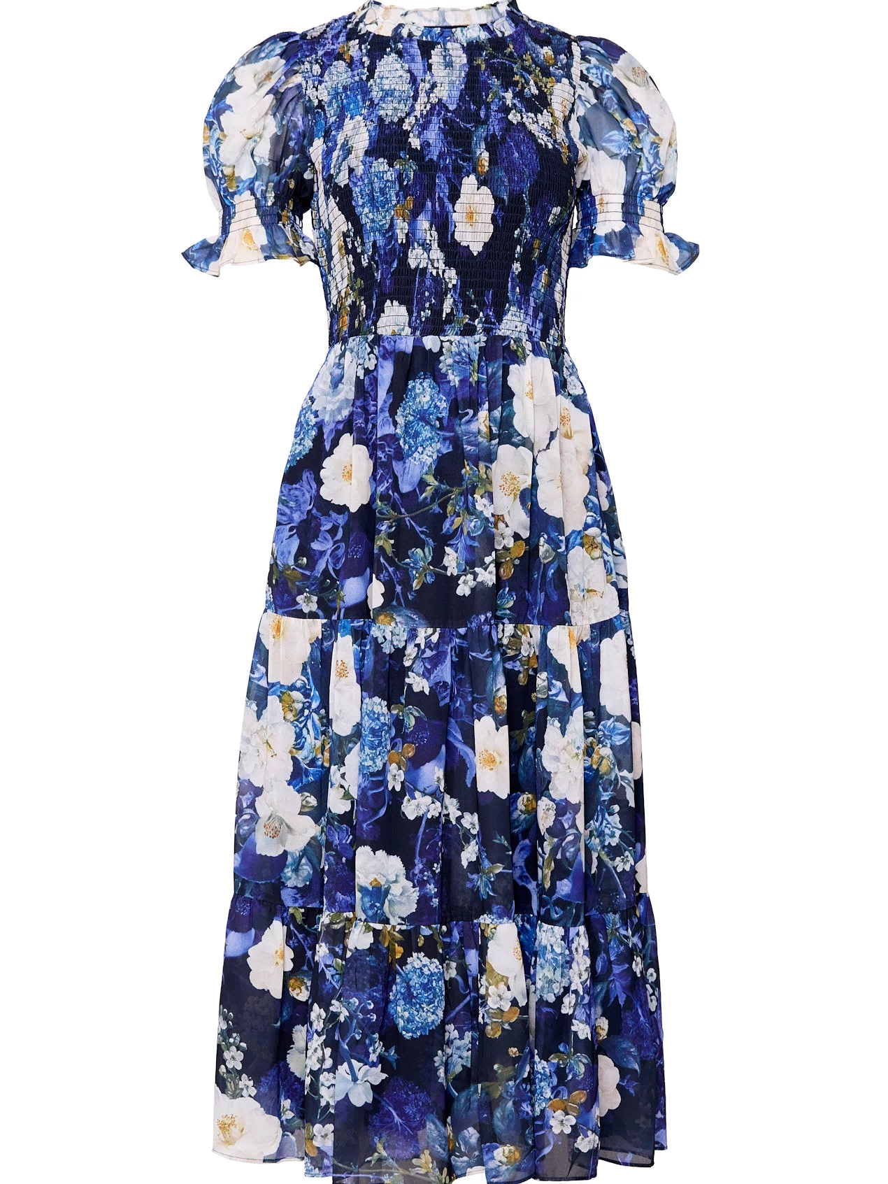 Blue floral dress against a white background