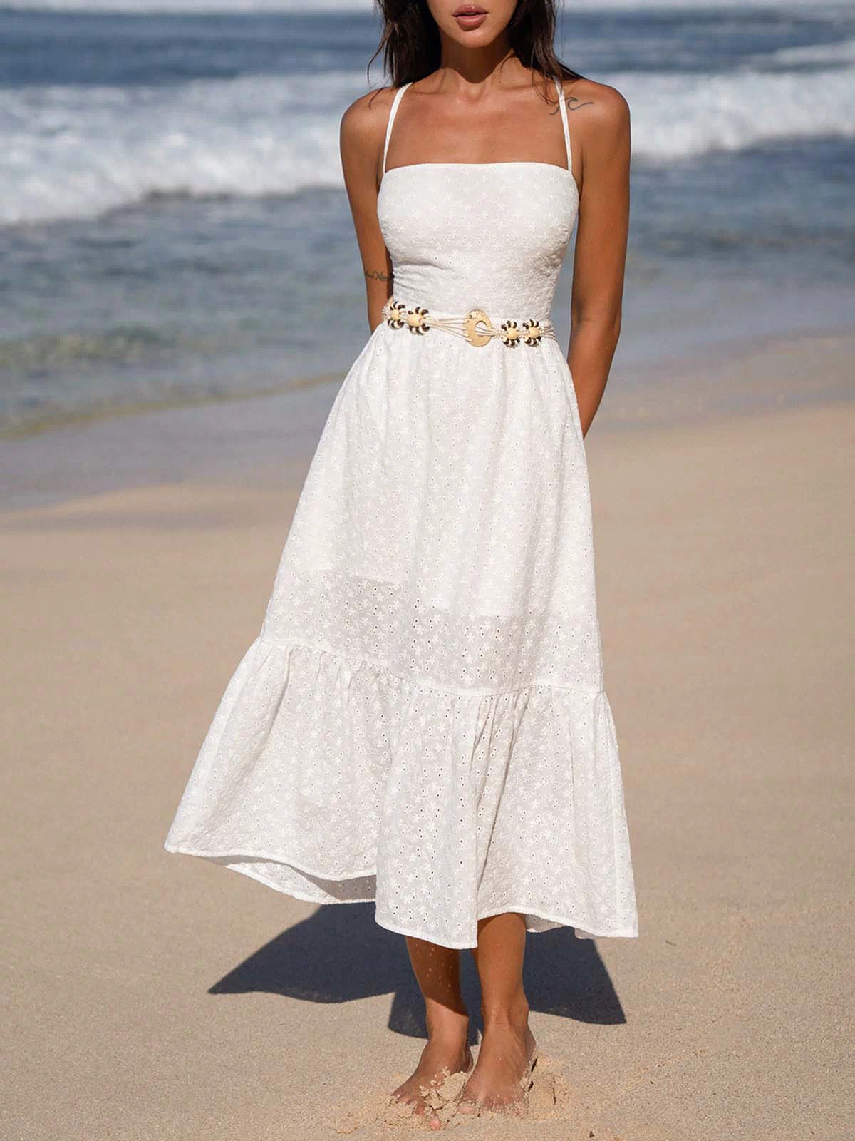 Women'S Woven Cotton Cover-ups White Sustainable Beach Dress - BERLOOK