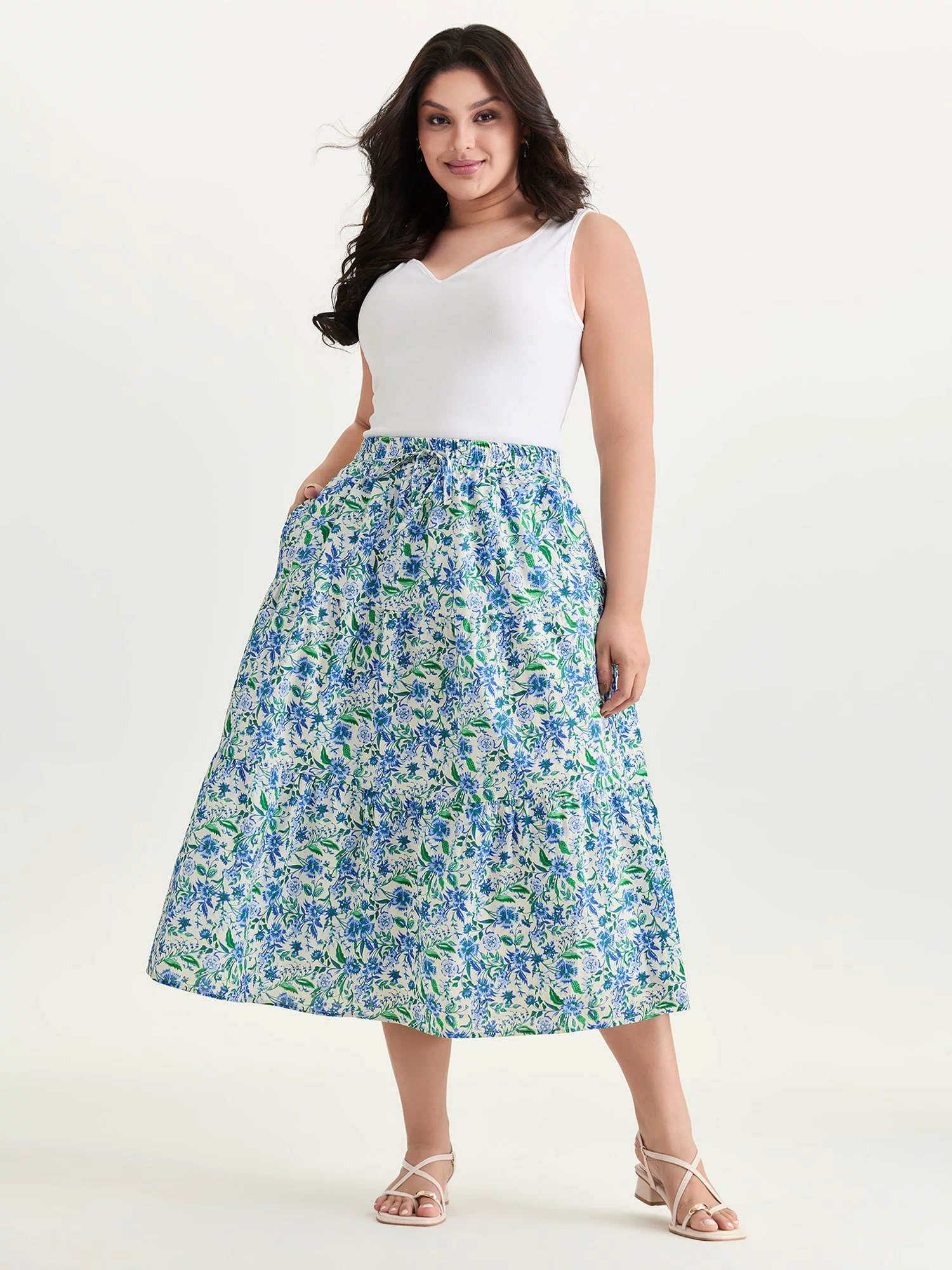 Cotton Floral Whispers Drawstring Tiered Maxi Skirt