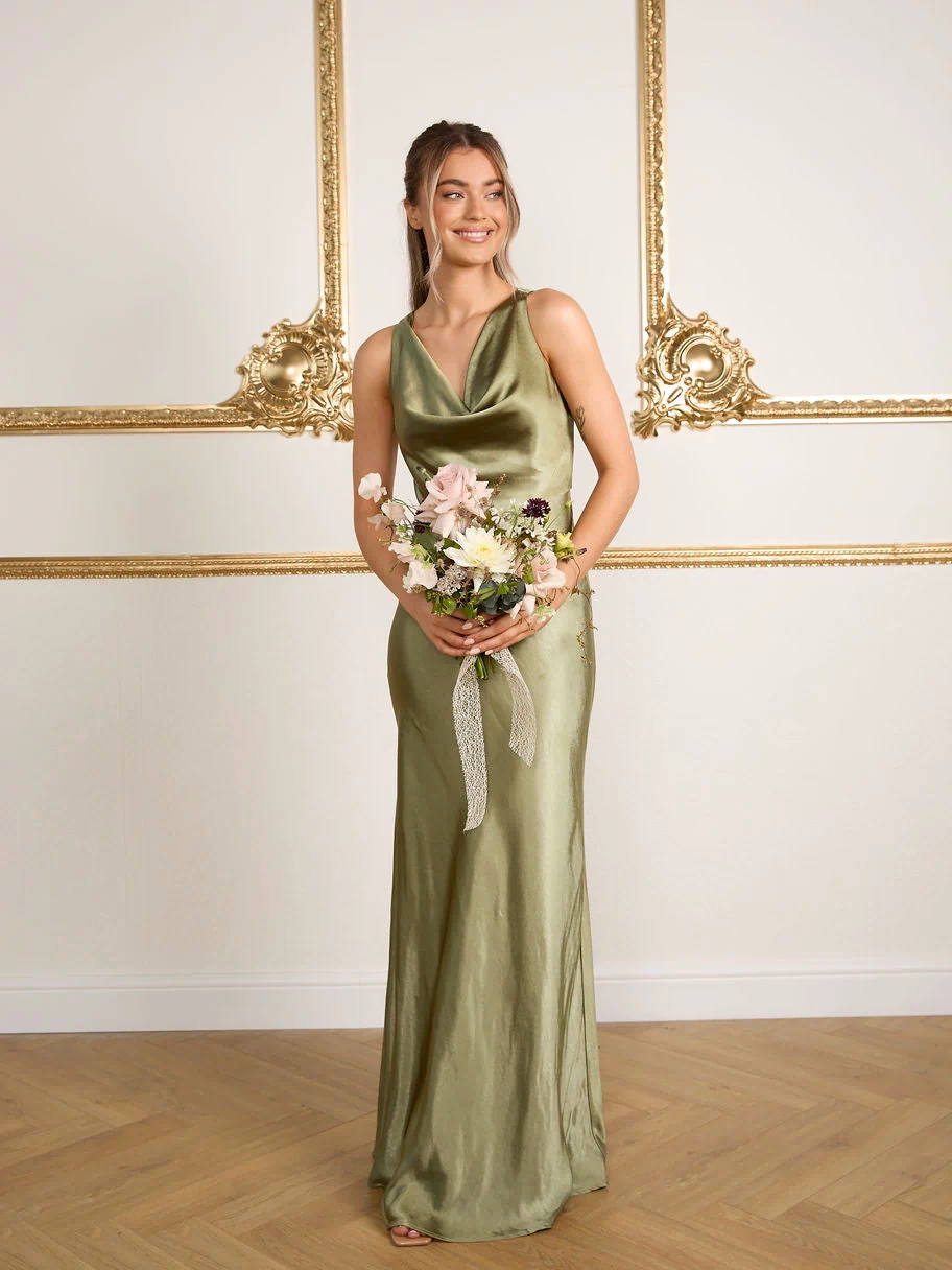 Cowl Front Satin Bridesmaid Dress - Moss Green