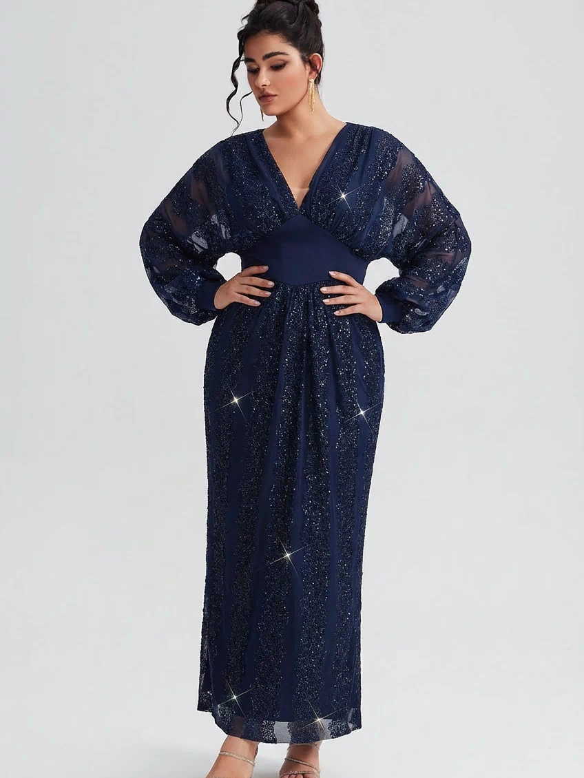 Curveins Plus Size V-Neck Sequin Balloon Sleeve Back-Slit Elegant Evening Maxi Dress
