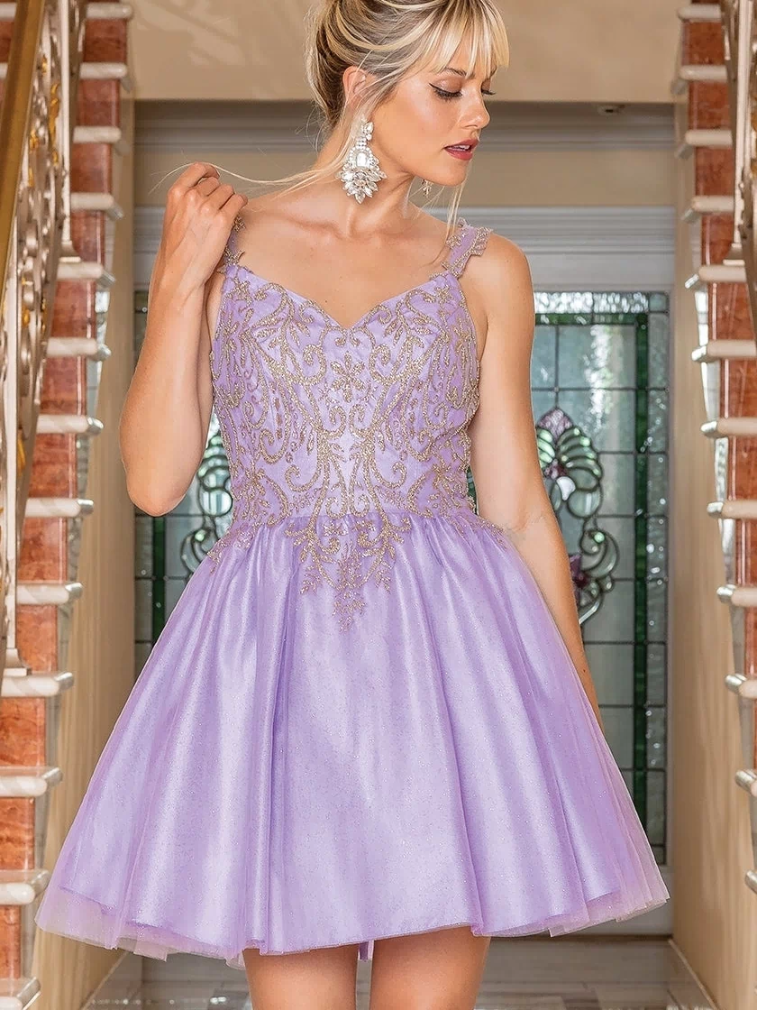 Embroidered-Bodice Short Glitter Hoco Dress 3295