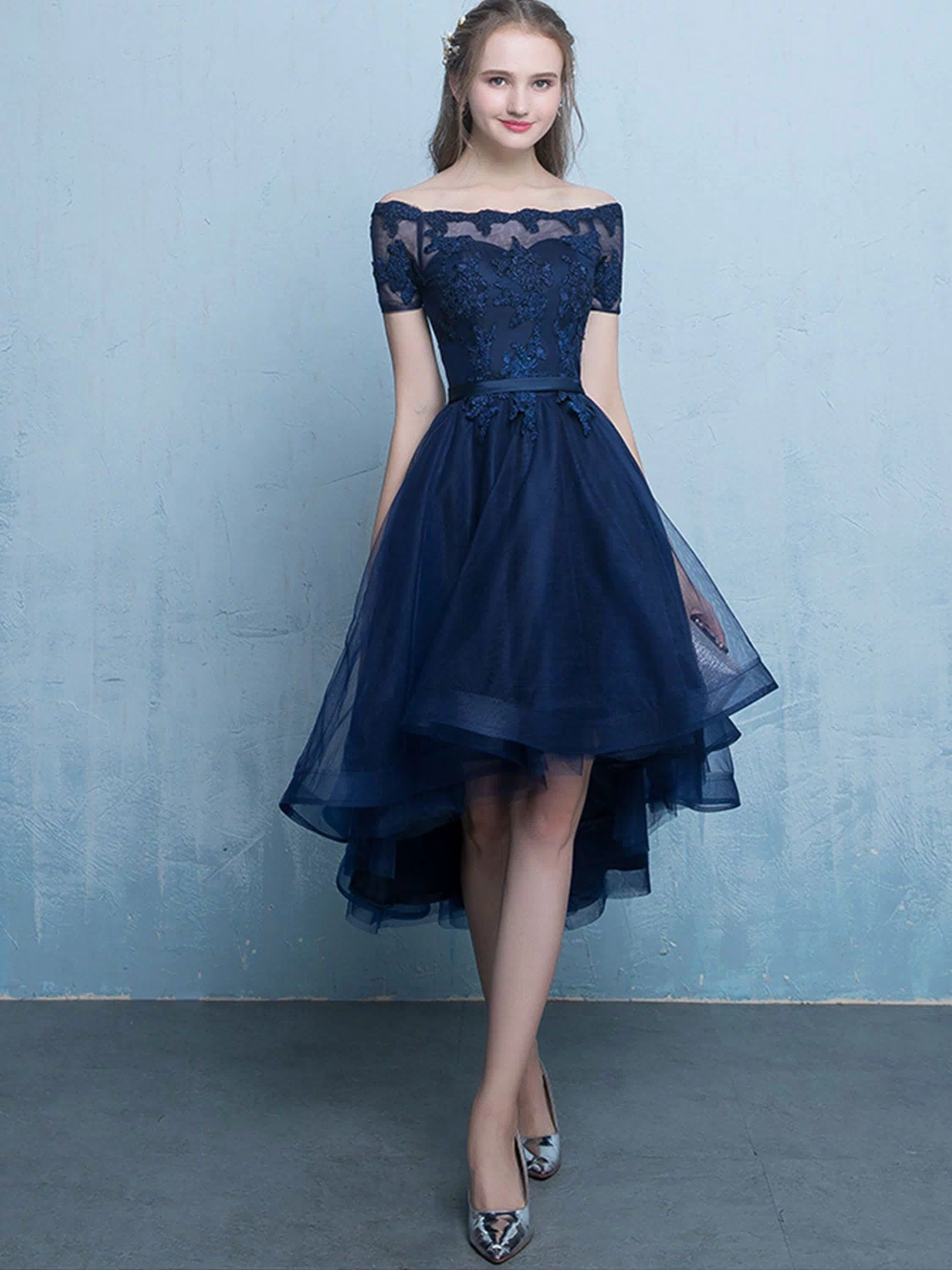 Dark Blue Lace Tulle Short Prom Dress, High Low Evening Dress