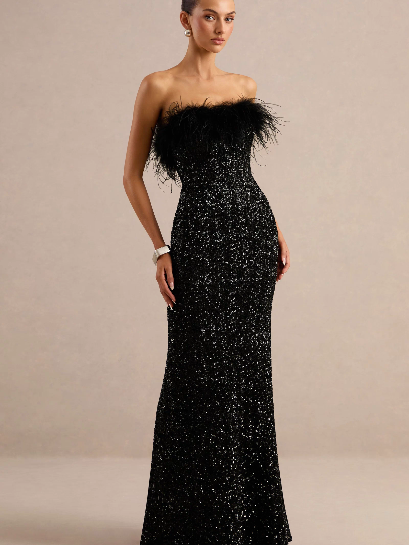 Daze | Black Sequin Bandeau Maxi Dress With Feather-Trim