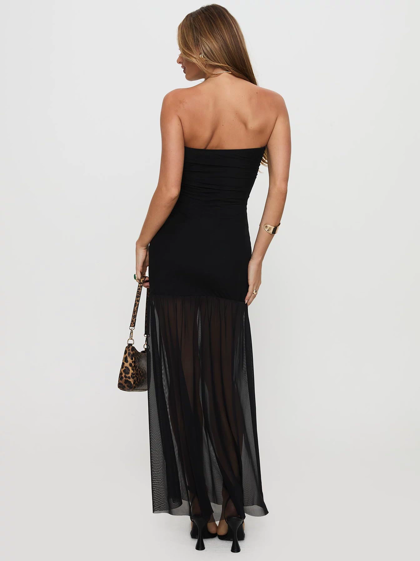 back view of model wearing Princess Polly Decadent Strapless Maxi Dress Black Straight Neck 