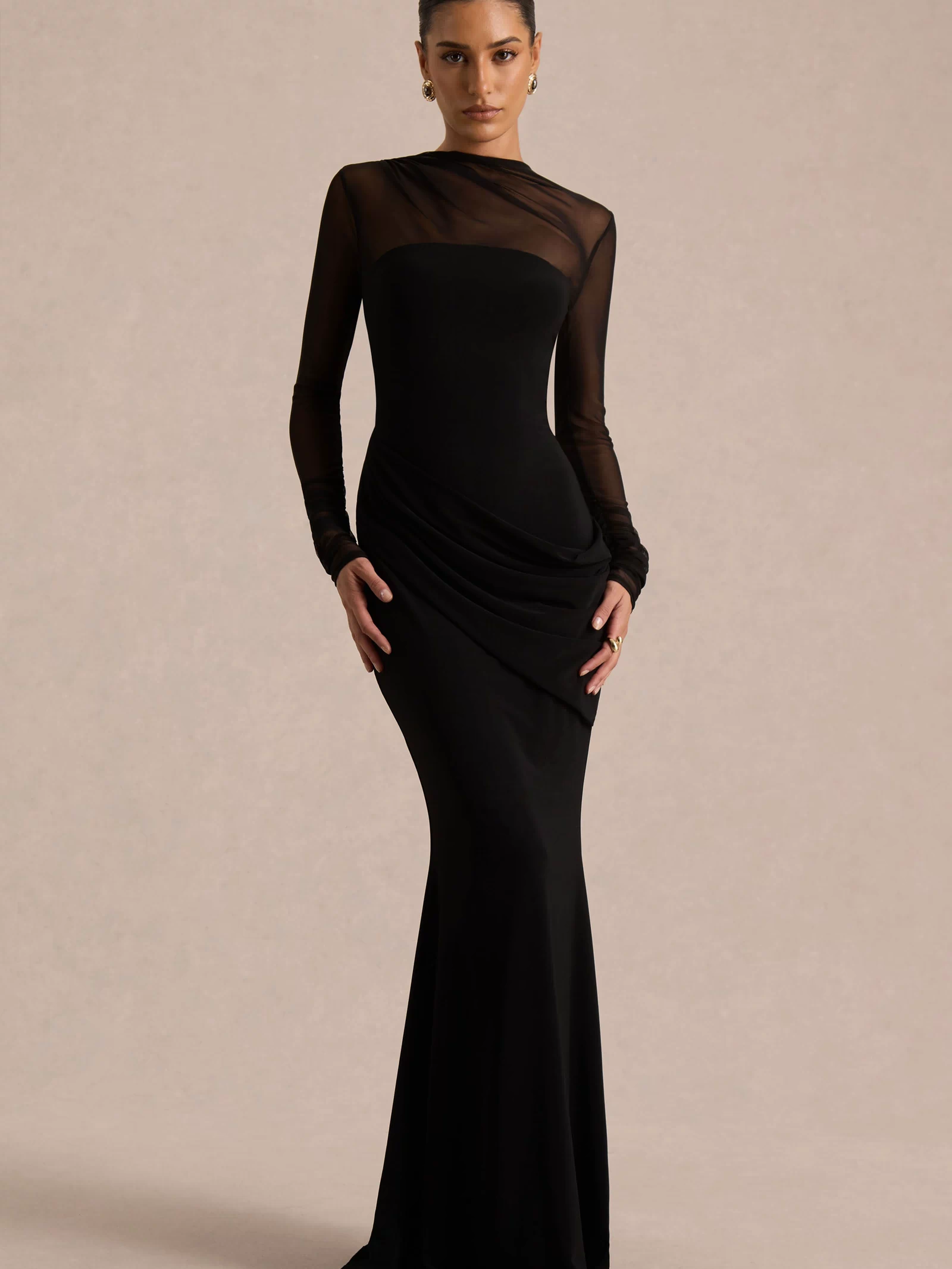 Deema | Black Jersey High Neck Long Sleeve Maxi Dress With Ruching