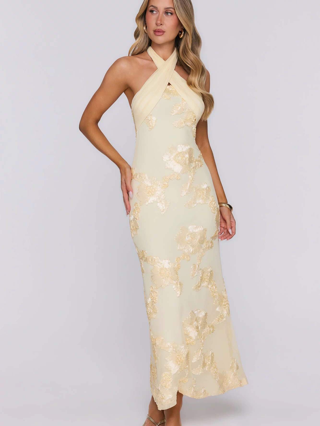 Delicate Desire Mesh Halter Maxi Dress Yellow