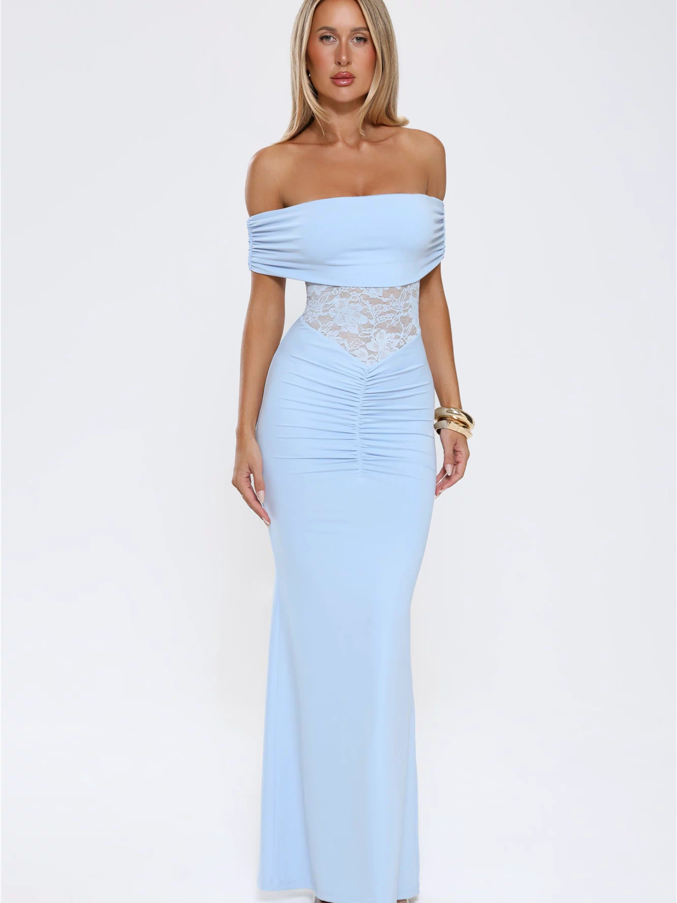 Delicate Glow Lace Off Shoulder Maxi Dress Blue