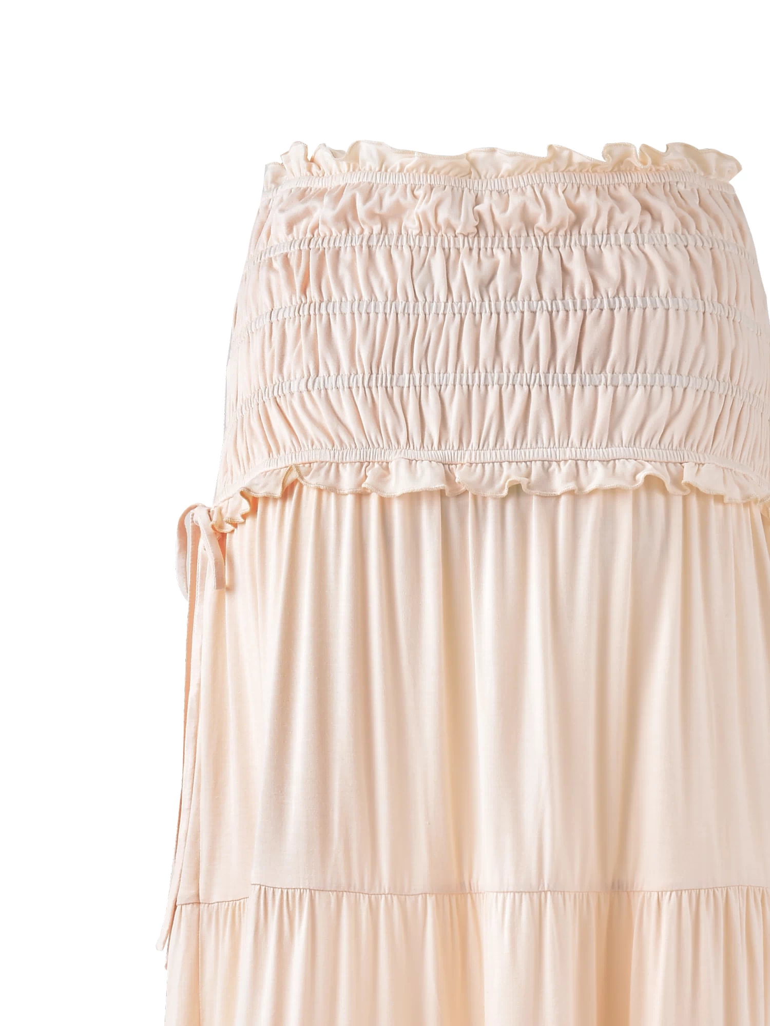 A close-up of the TIGERMIST DENALI MAXI SKIRT in Neutral: Bone, featuring a soft, lightweight fabric with a flowy, tiered silhouette and elegant flare—perfect for standout style.