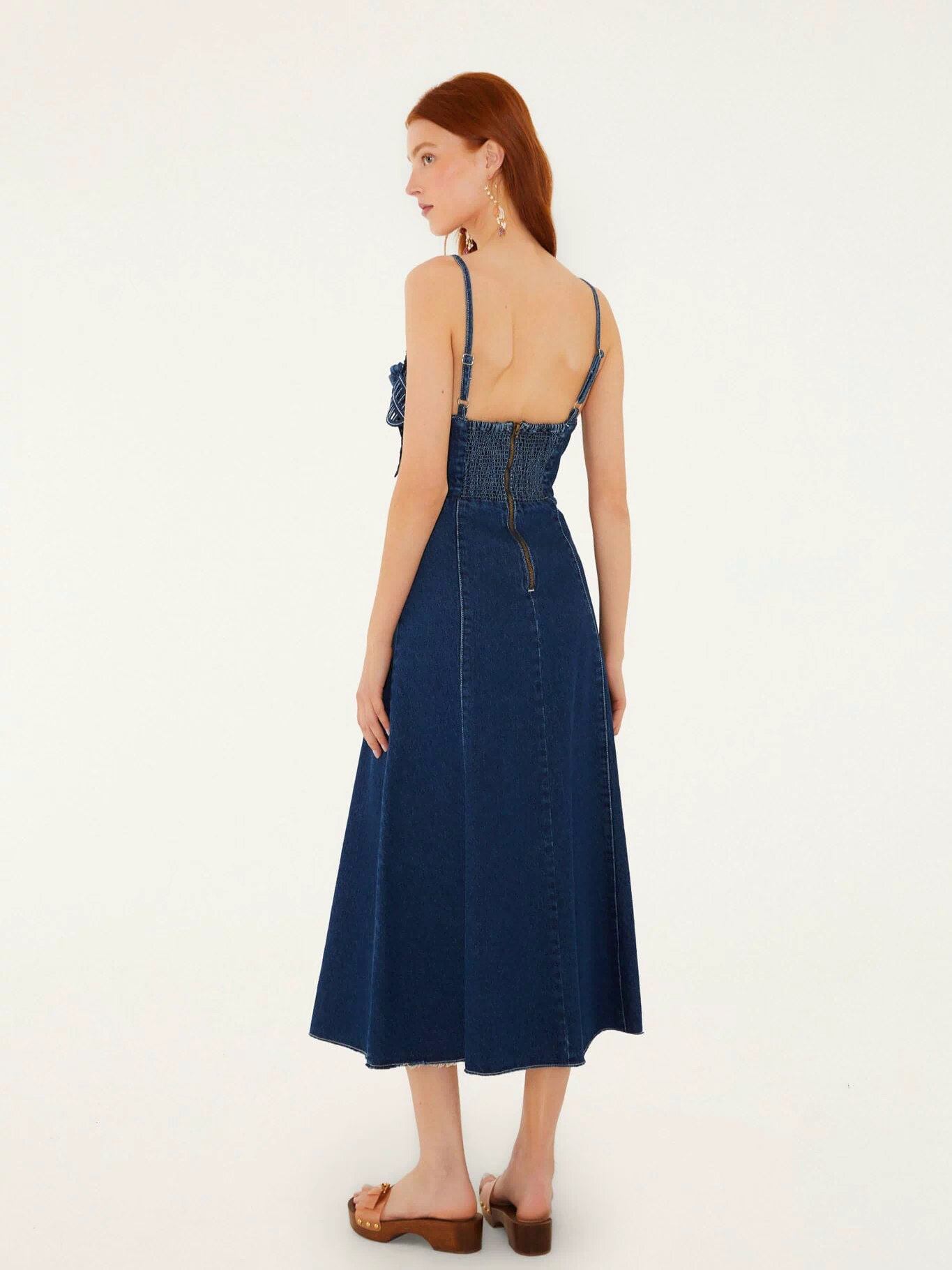 FARM Rio model wearing the Denim Flower Dress