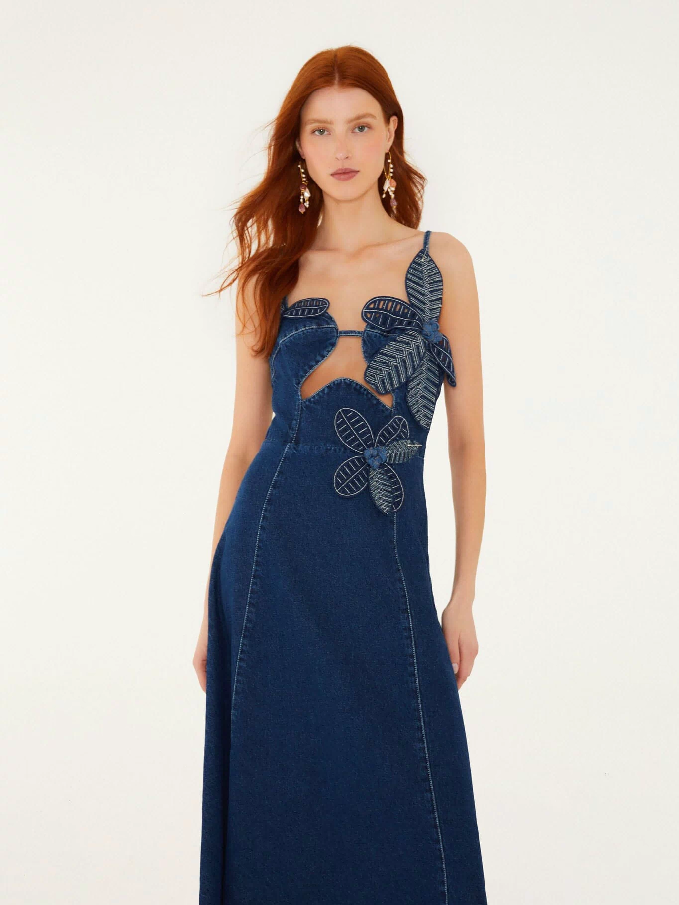 FARM Rio model wearing the Denim Flower Dress
