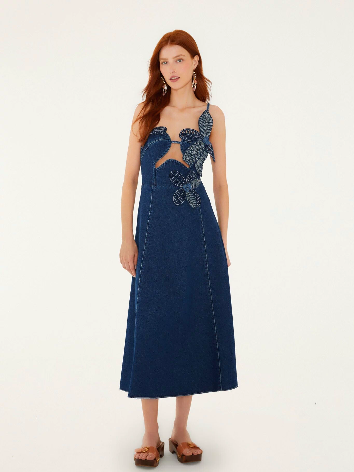 FARM Rio model wearing the Denim Flower Dress