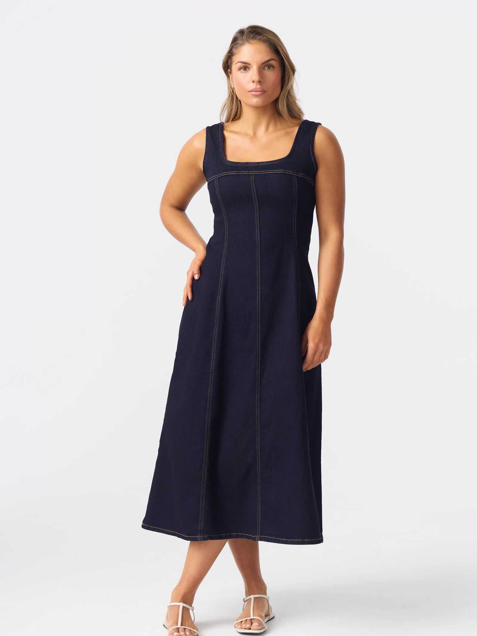 Denim Panelled Midi Dress - Indigo