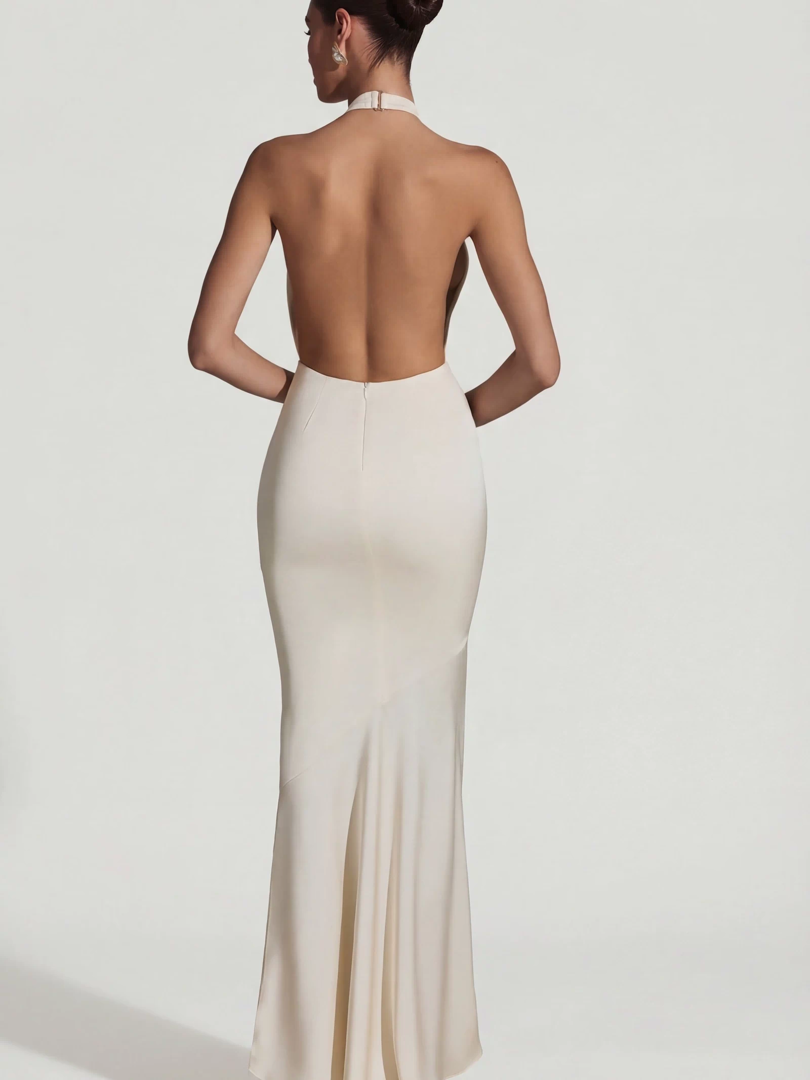 Oh Polly's Priscilla wearing the Desiree Gown Length Dress in Ivory Satin fabric perfect for formal wedding guest