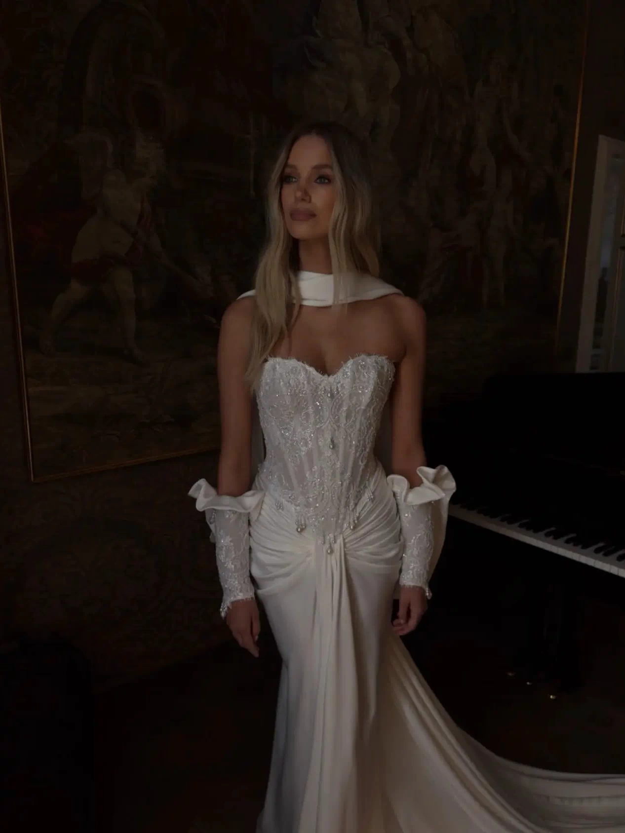 Detachable Cape Sleeves Lace Corset Mermaid Wedding Dress with High Slit Scarf SW219 Sheer Fairy