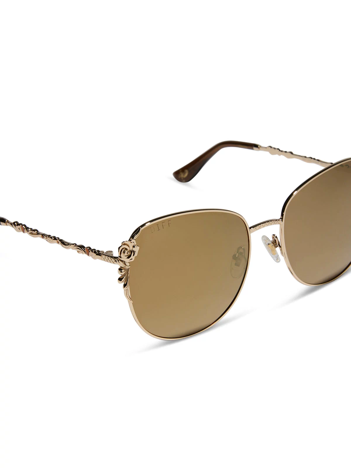 disney princess x diff eyewear featuring the belle square sunglasses with a gold frame and brown lens w/ gold flash polarized lenses angled view