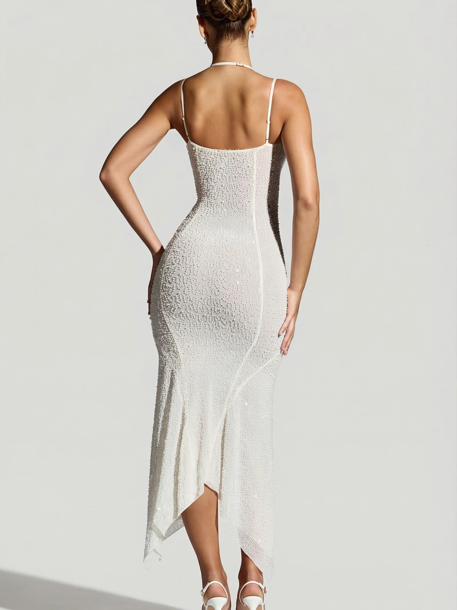 Oh Polly's Priscilla wearing the Dole Maxi Dress in White Embellished fabric perfect for summer garden parties
