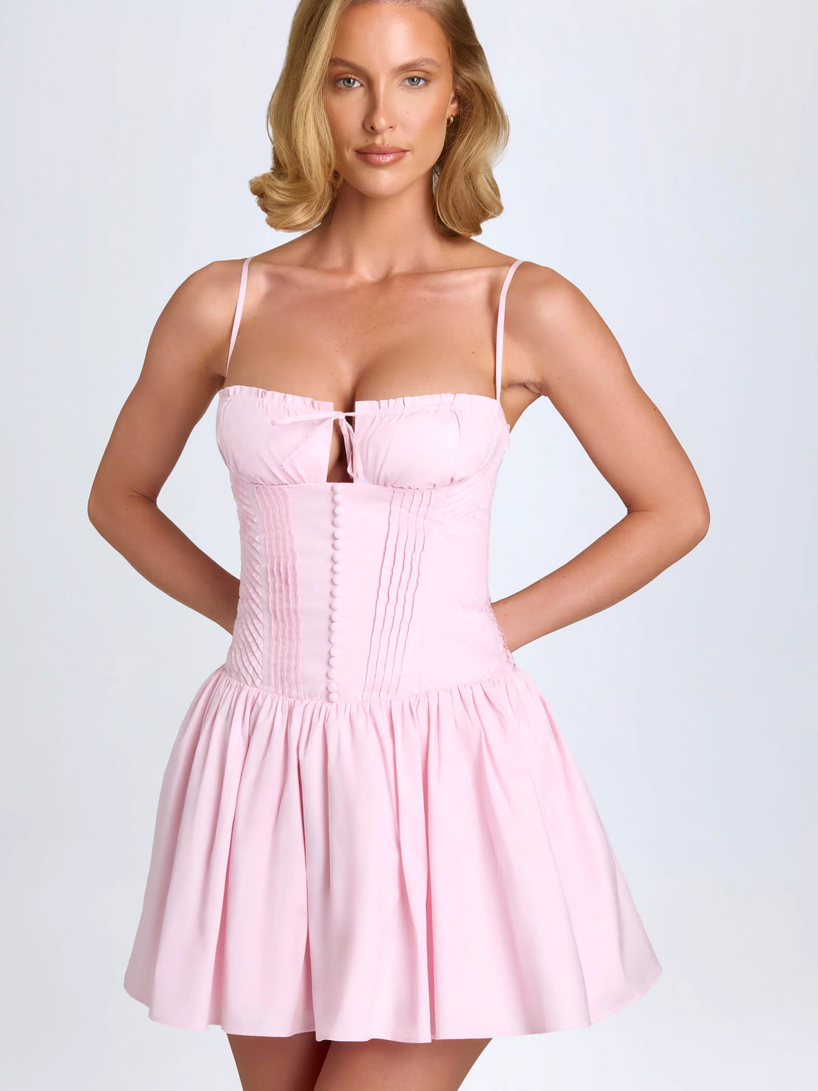 Pintucked Shirred Mini Dress in Blush