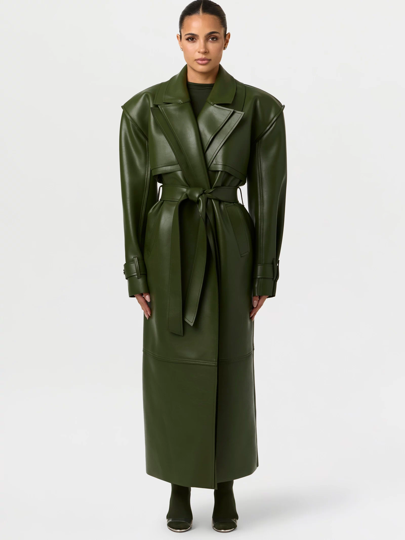 Vegan Leather Dual Collar Trench Coat