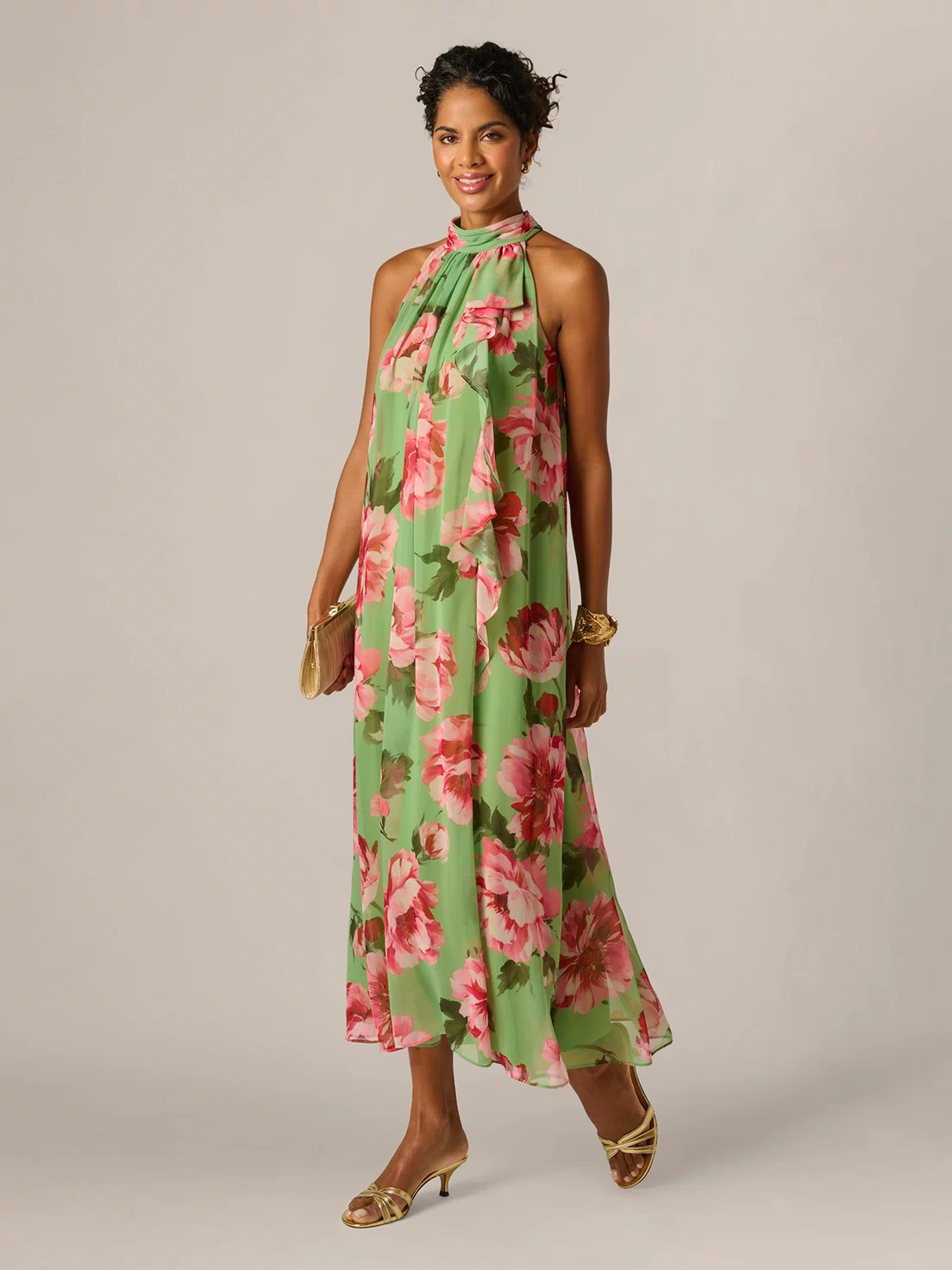 Draped Floral Chiffon Halter Trapeze Gown In Lime Multi