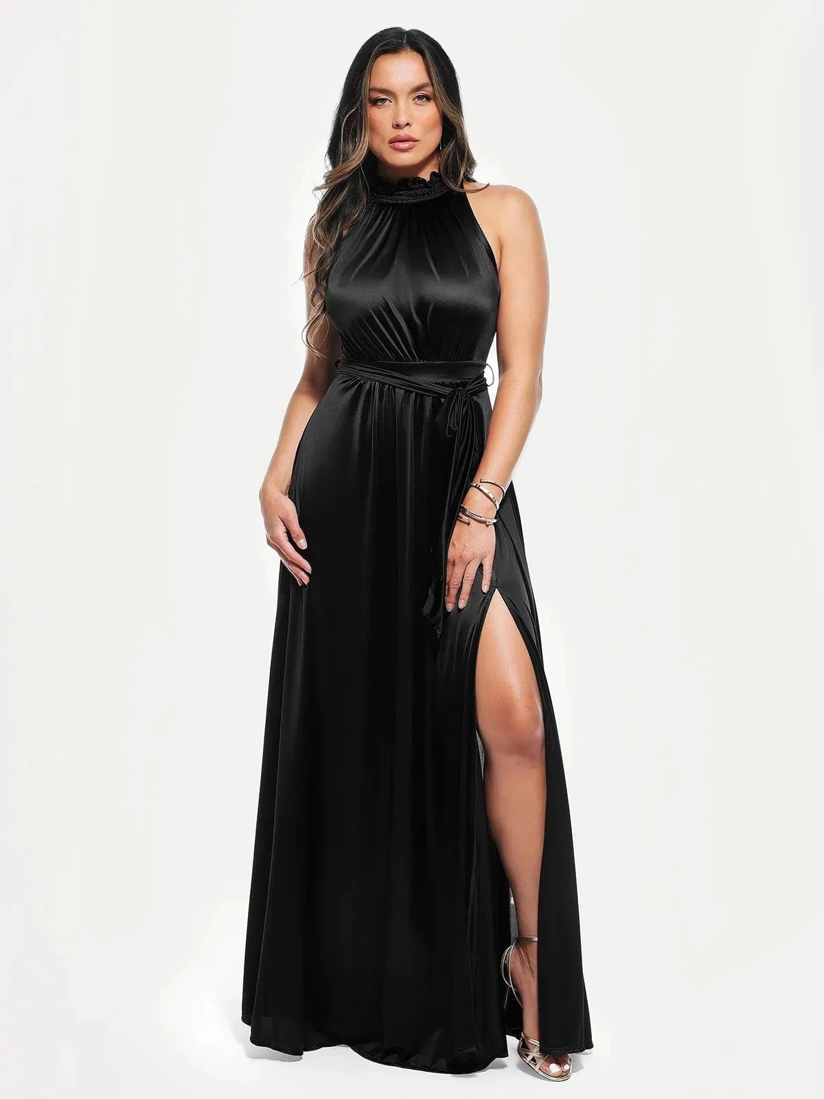 Black draped high neck maxi dress with a high slit and belted waist