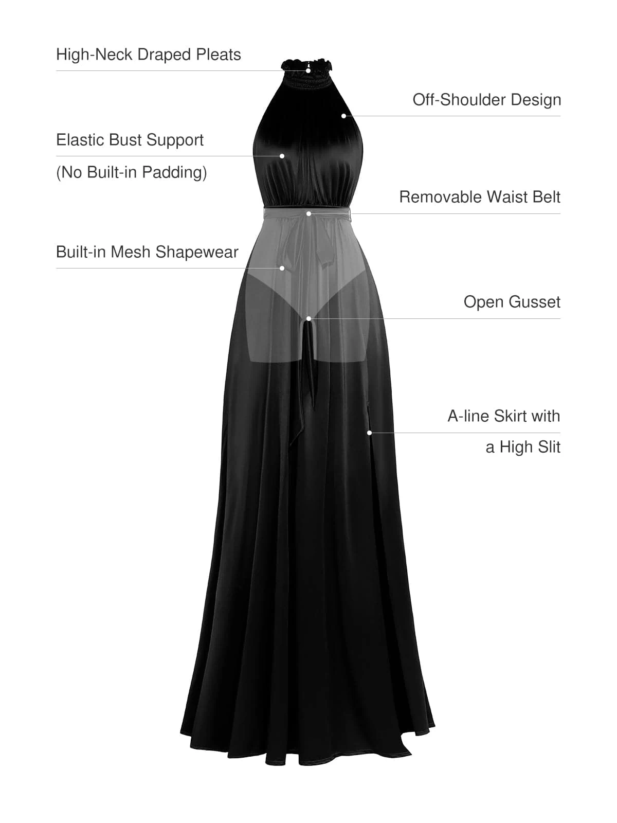 Black off-shoulder maxi dress with high-neck draped pleats, mesh shapewear, and high slit