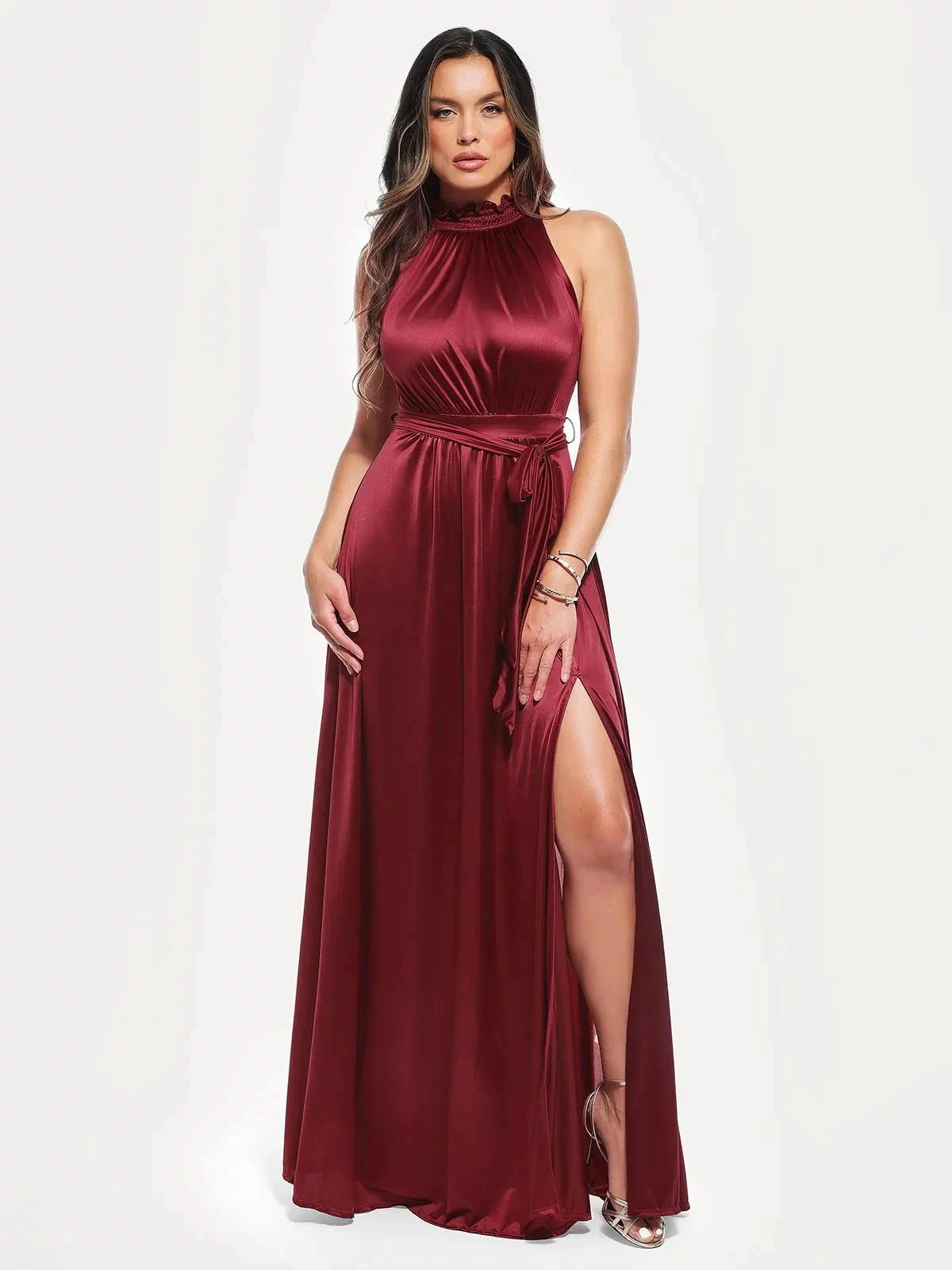 Popilush® Red / XS Draped High Neck Sculpting Floral-print Maxi dress