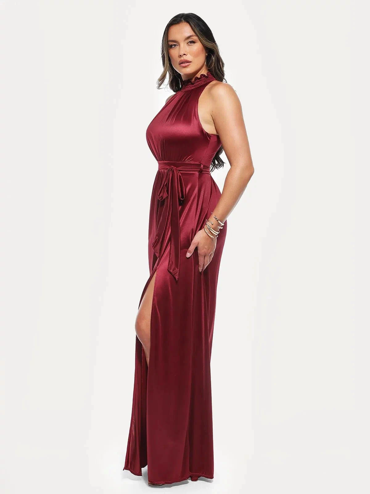 Popilush® Draped High Neck Sculpting Floral-print Maxi dress