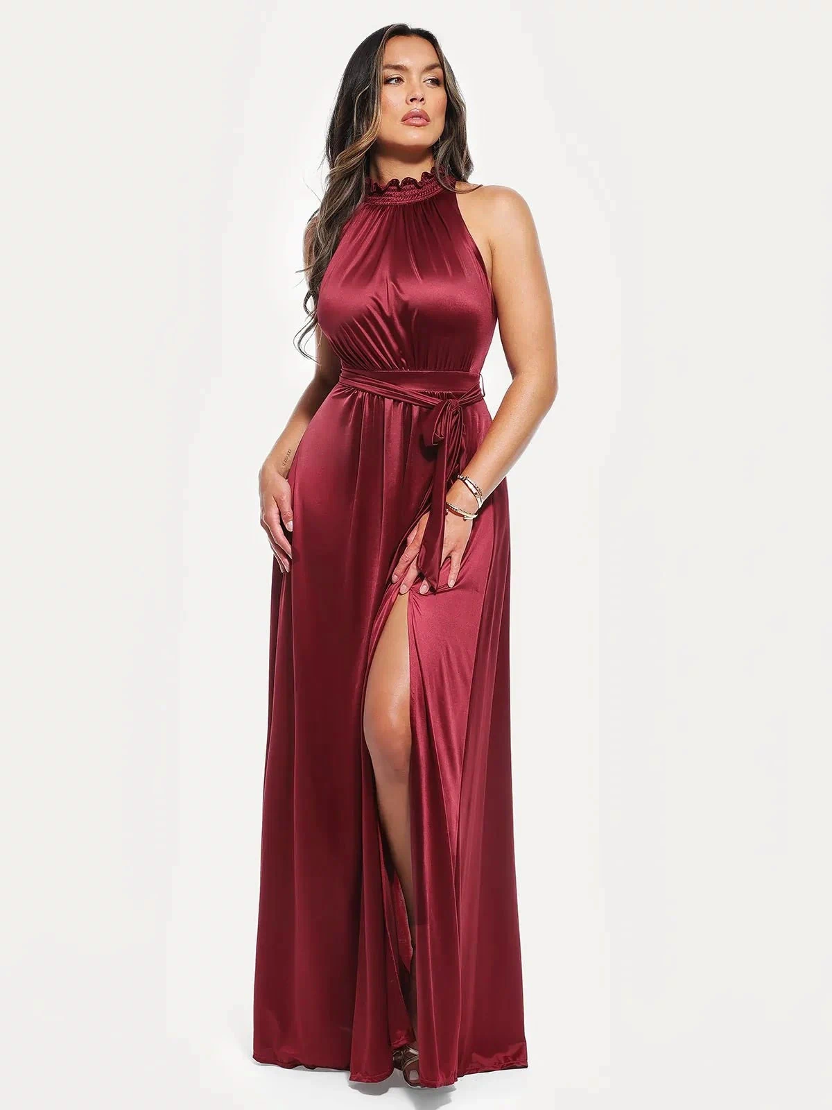 Popilush® Draped High Neck Sculpting Floral-print Maxi dress