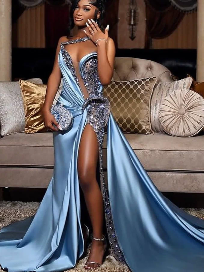 Dusty Blue One shoulder High Split Beaded Long Prom Dresses