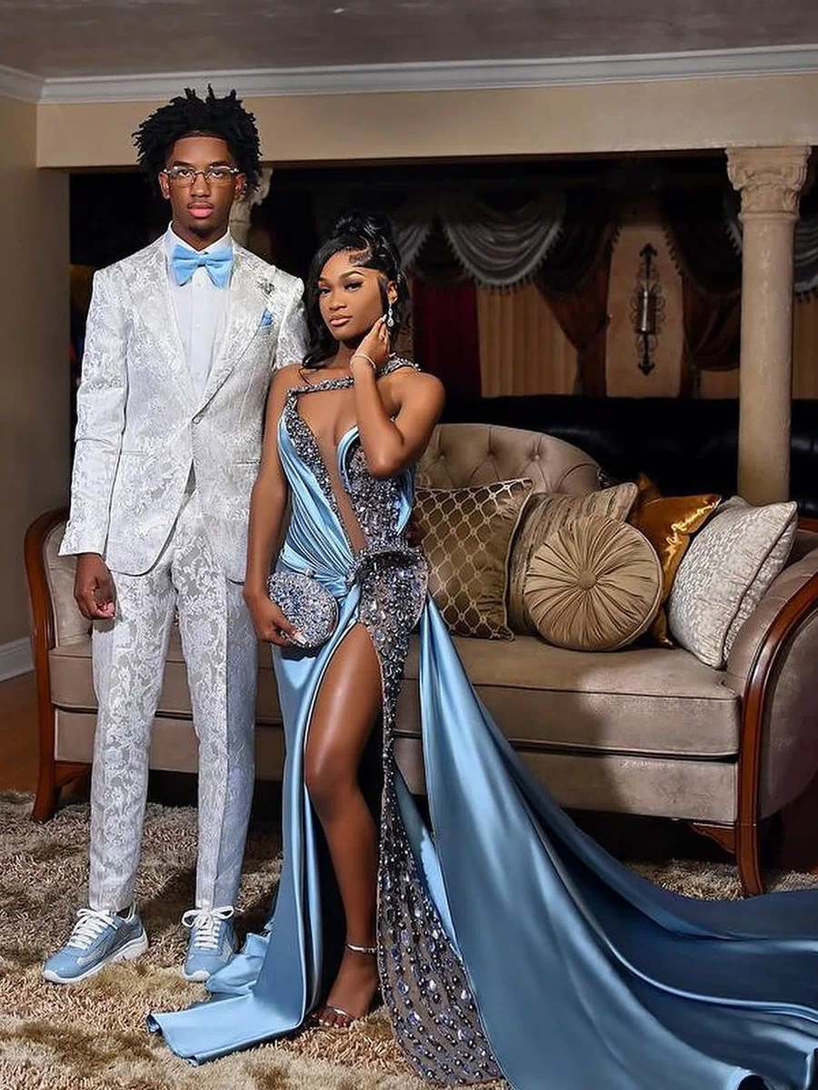 Dusty Blue One shoulder High Split Beaded Long Prom Dresses-Ballbella