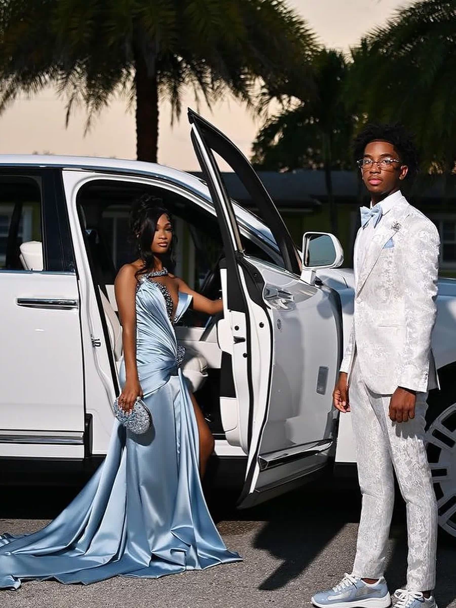 Dusty Blue One shoulder High Split Beaded Long Prom Dresses-Ballbella