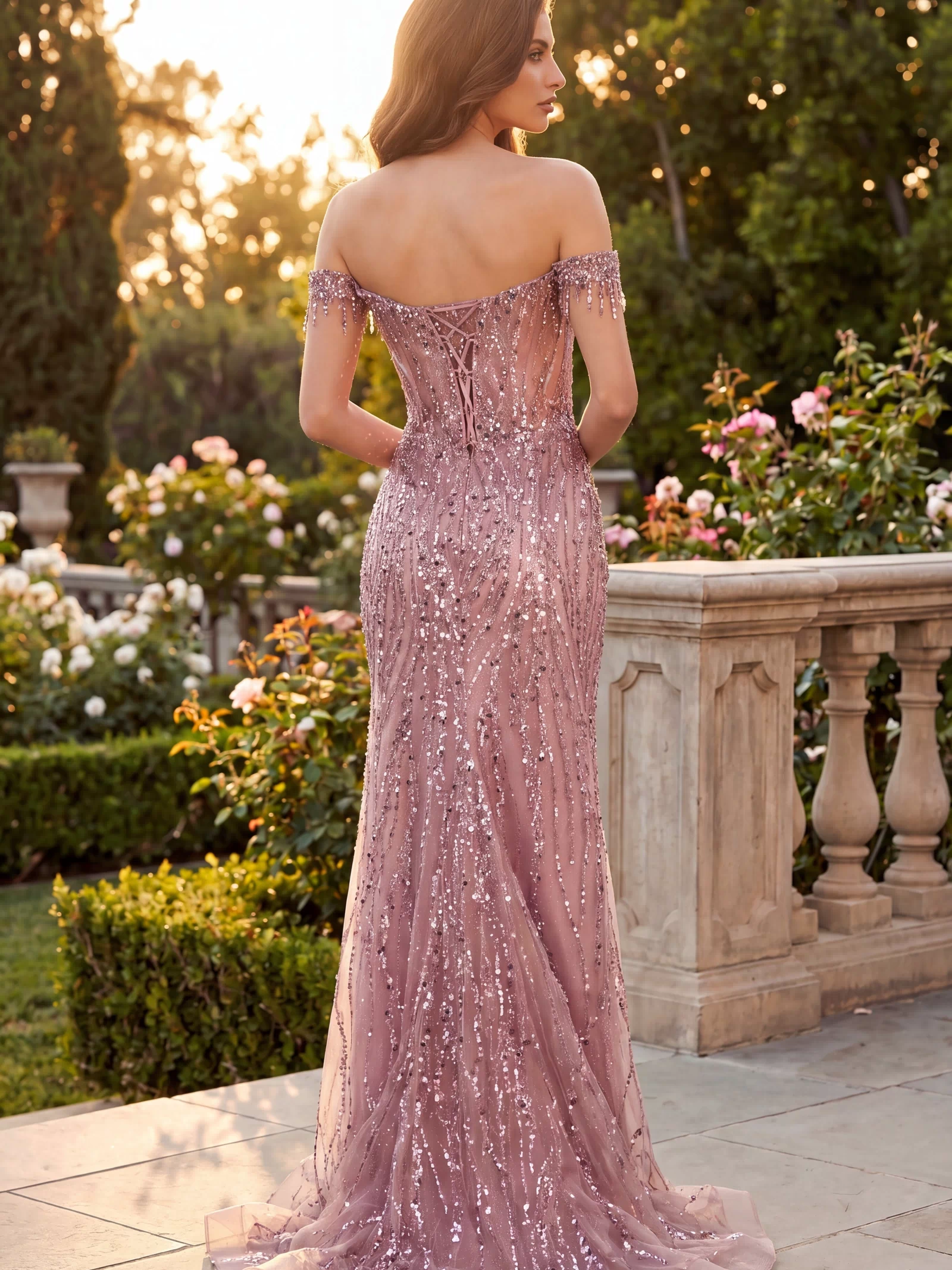 Fitted Off Shoulder Sequin Prom Formal Dress