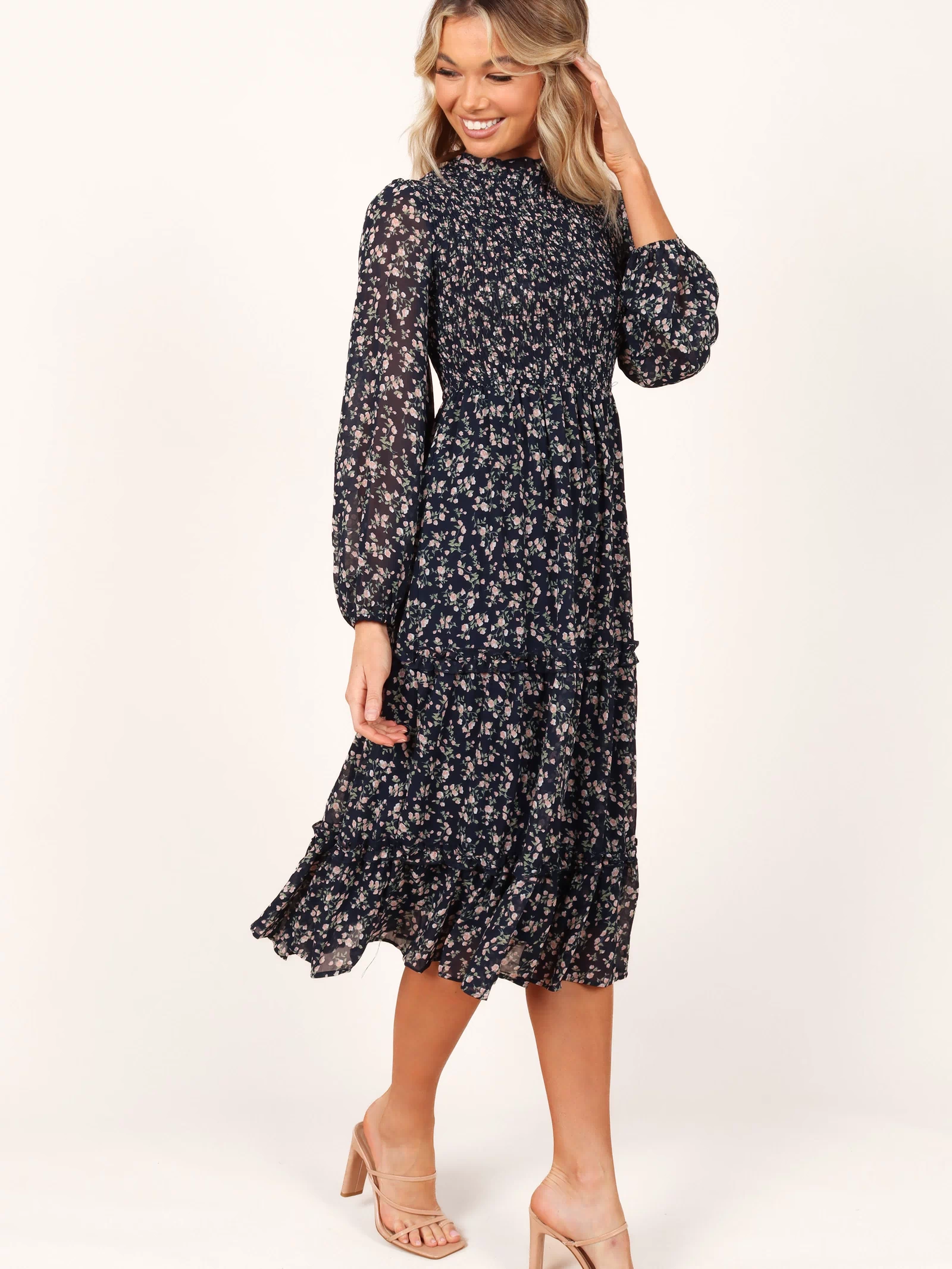 Edwina Shirred Frill Long Sleeve Midi Dress - Navy Floral