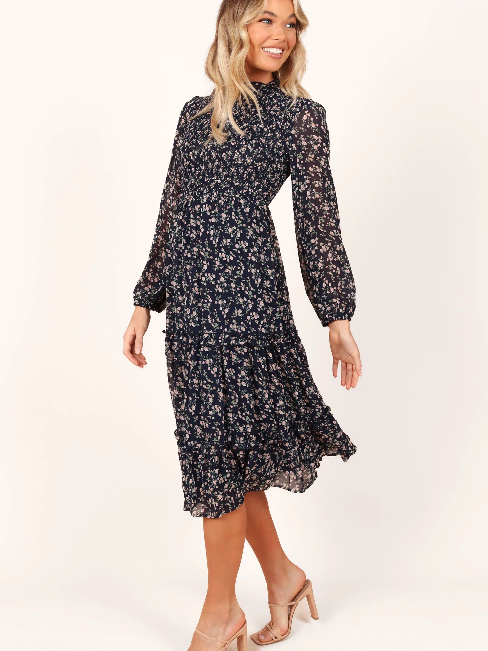 Petal and Pup USA DRESSES Edwina Shirred Frill Long Sleeve Midi Dress - Navy Floral