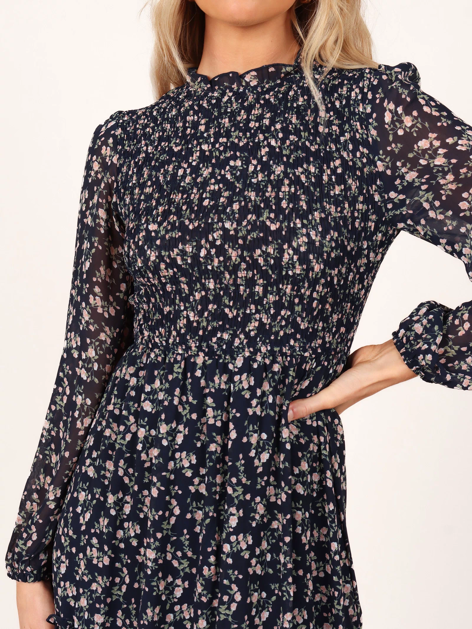 Petal and Pup USA DRESSES Edwina Shirred Frill Long Sleeve Midi Dress - Navy Floral