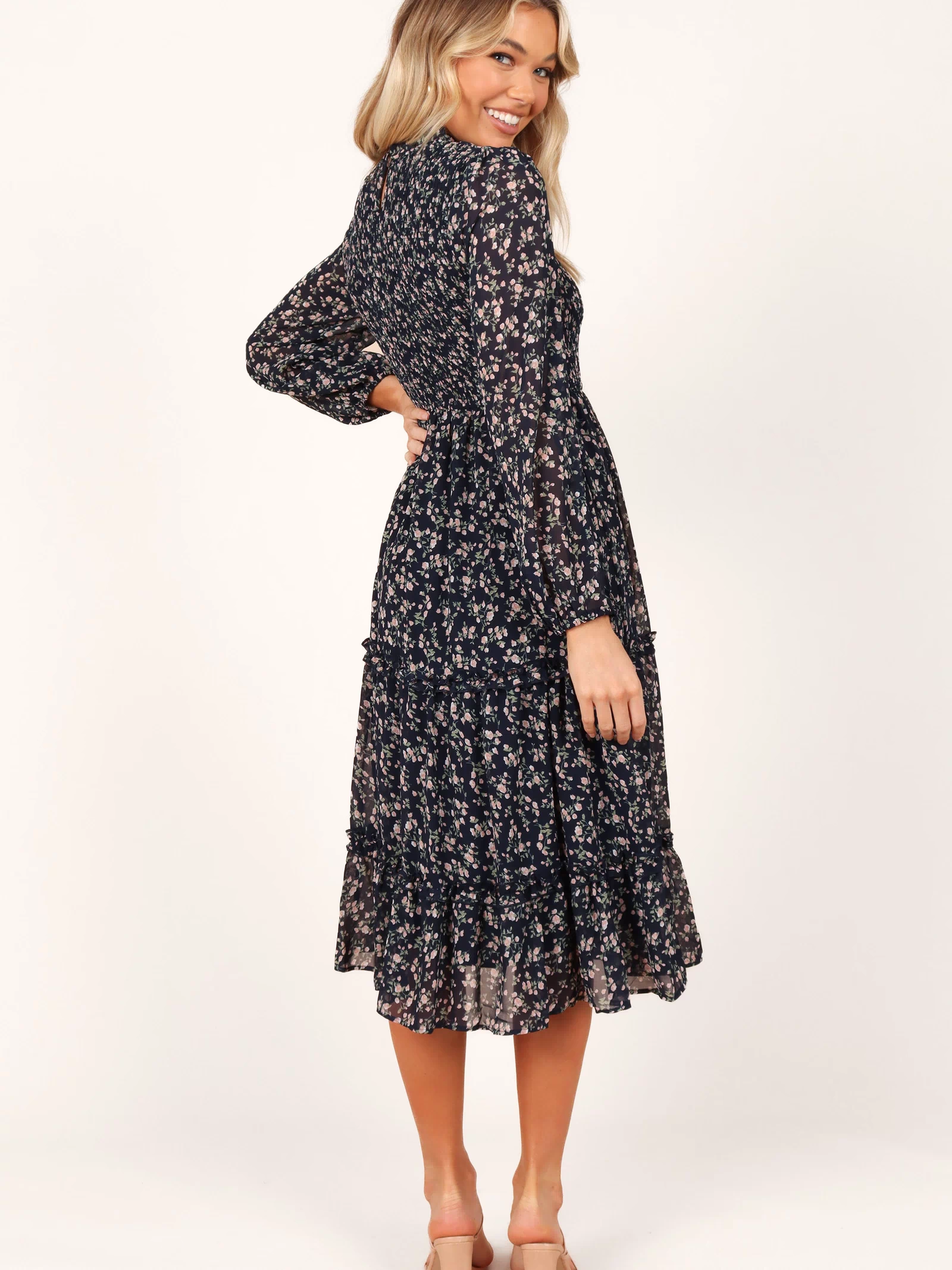 Petal and Pup USA DRESSES Edwina Shirred Frill Long Sleeve Midi Dress - Navy Floral