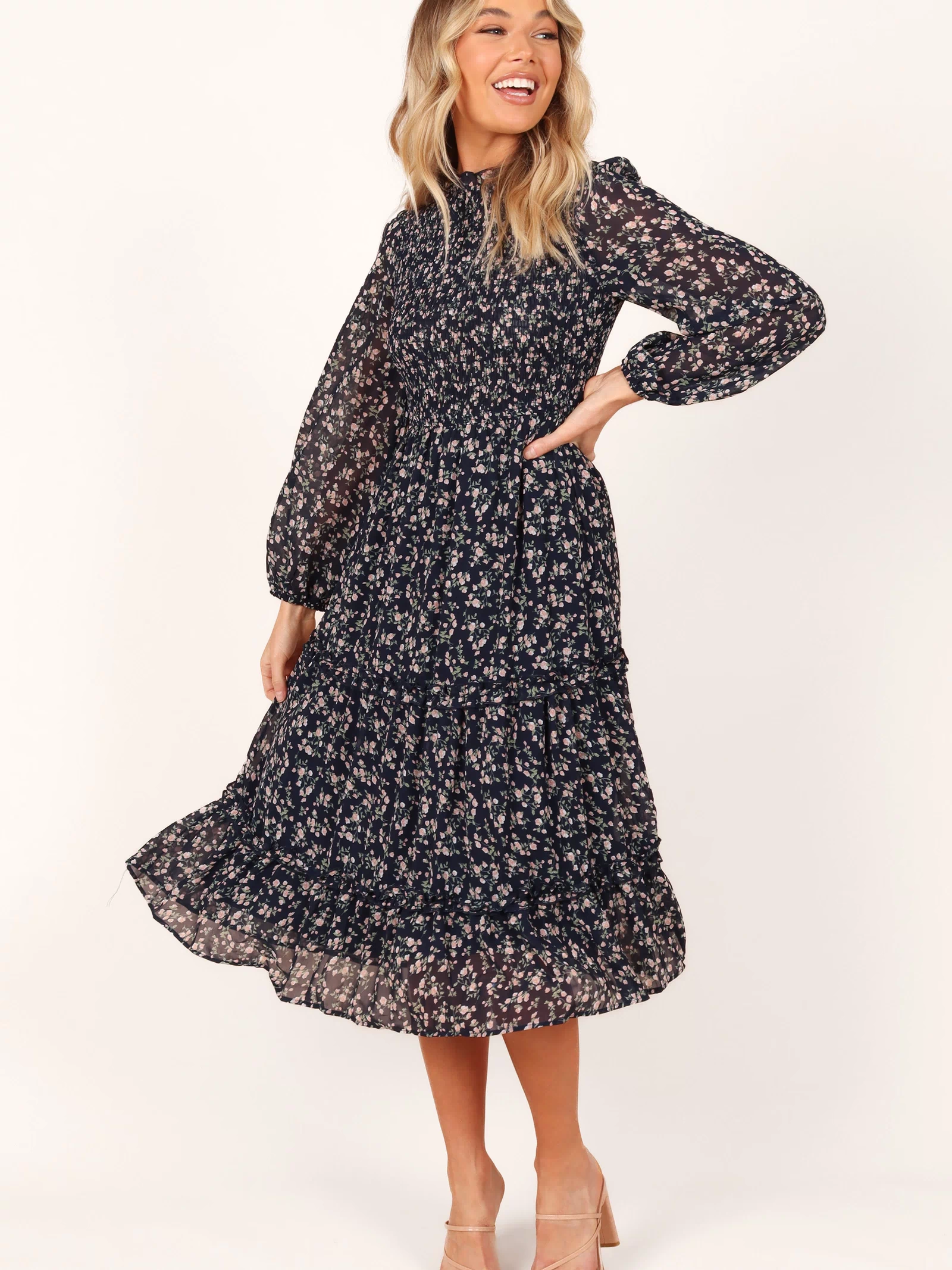 Petal and Pup USA DRESSES Edwina Shirred Frill Long Sleeve Midi Dress - Navy Floral