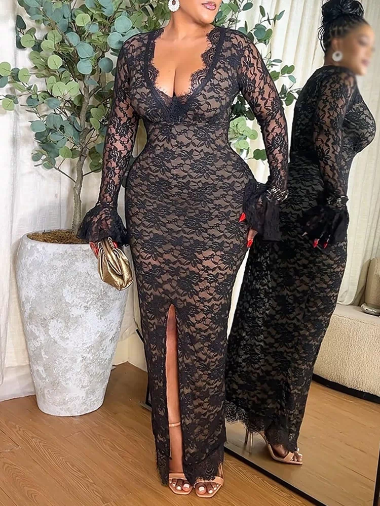 Elegant Lace Plunge V Neckline Long Sleeve Dress Casual Slim Fit Slit Evening Maxi Dress