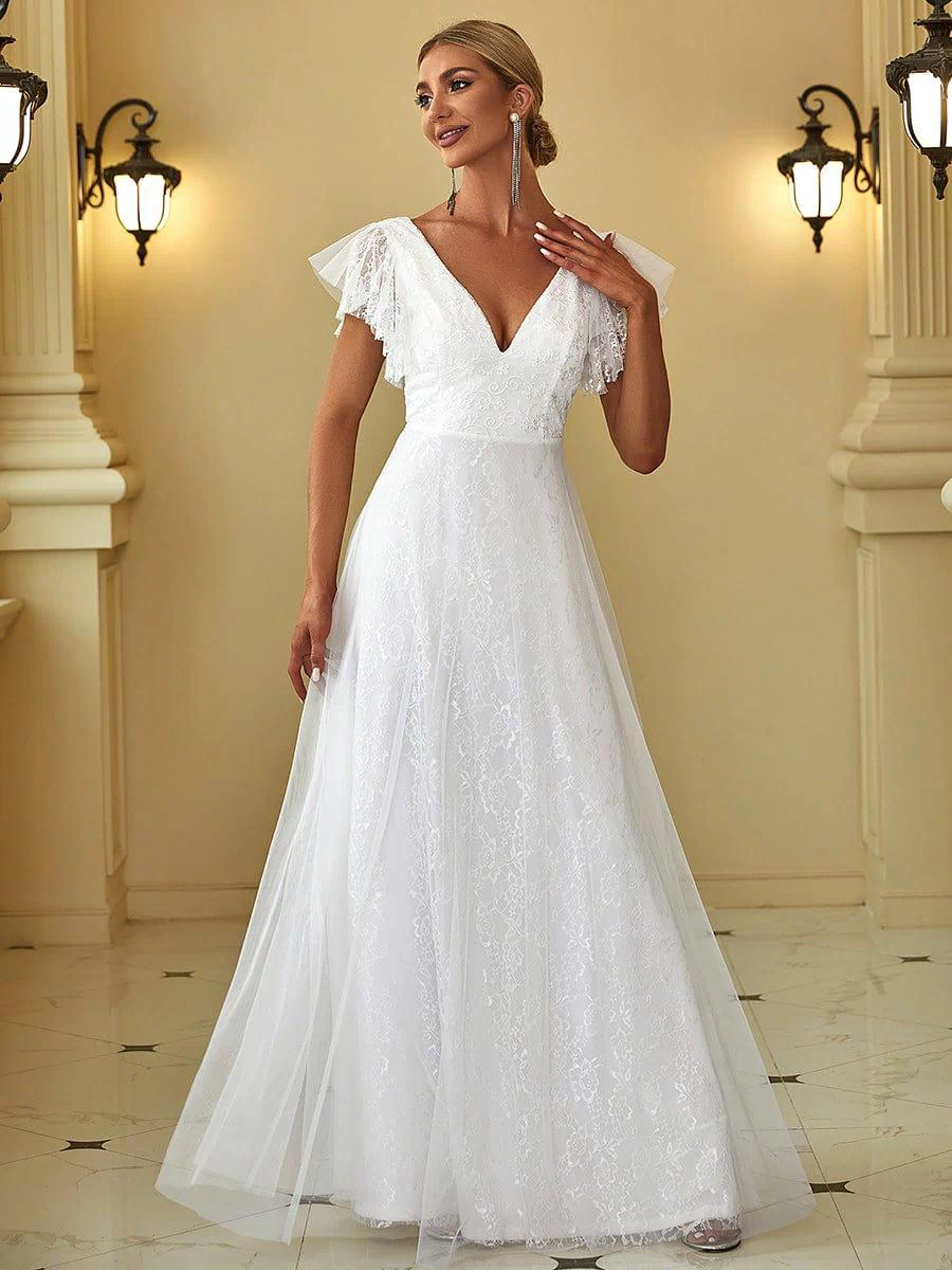 Elegant Maxi Lace Wedding Dress with Ruffle Sleeves #color_White