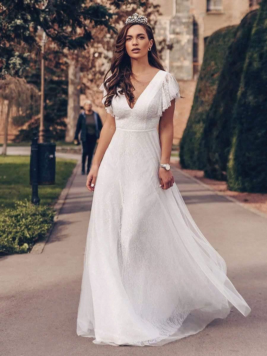 Elegant Maxi Lace Wedding Dress with Ruffle Sleeves #color_White